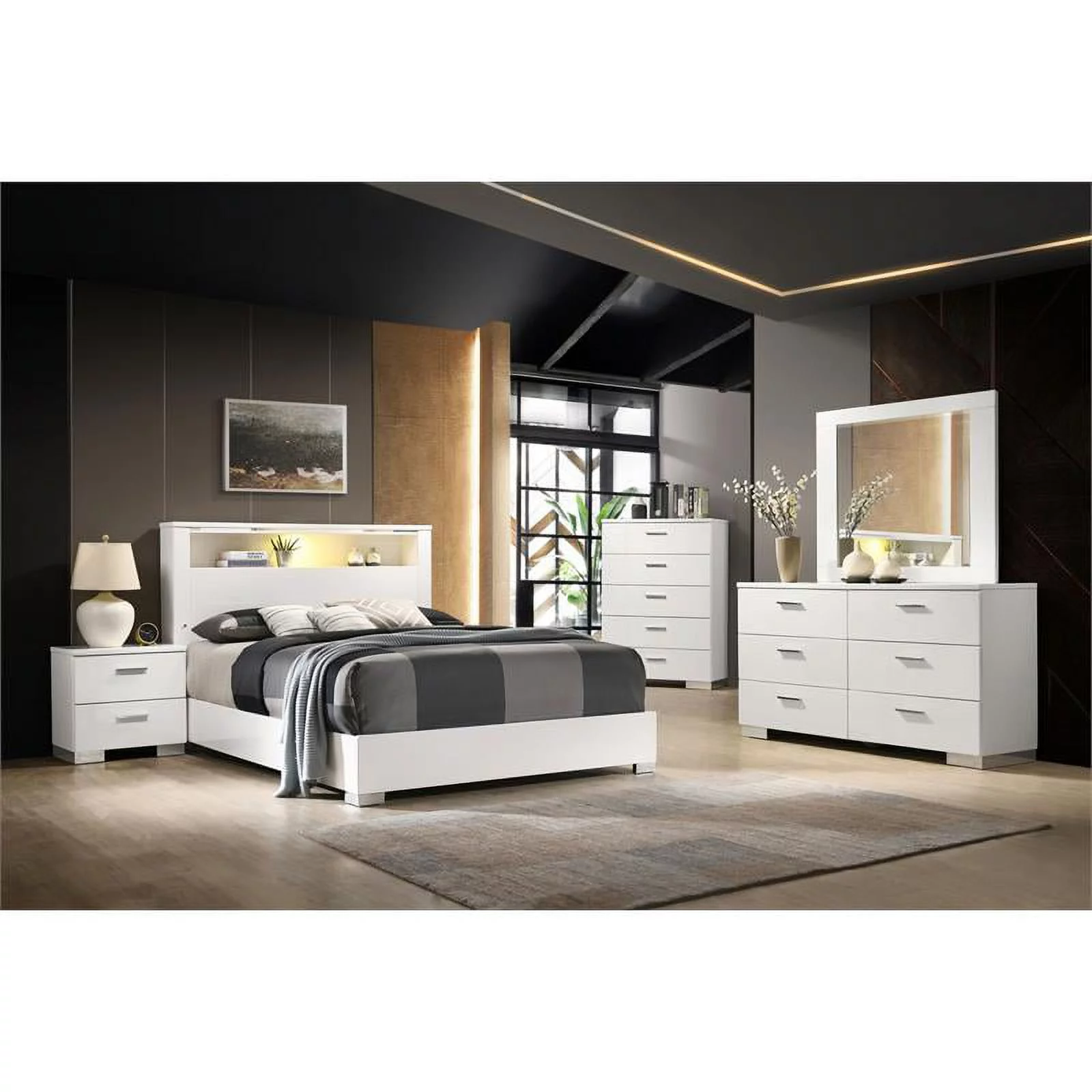 White Bedroom Chest with 5 Drawers and Chrome Hardware