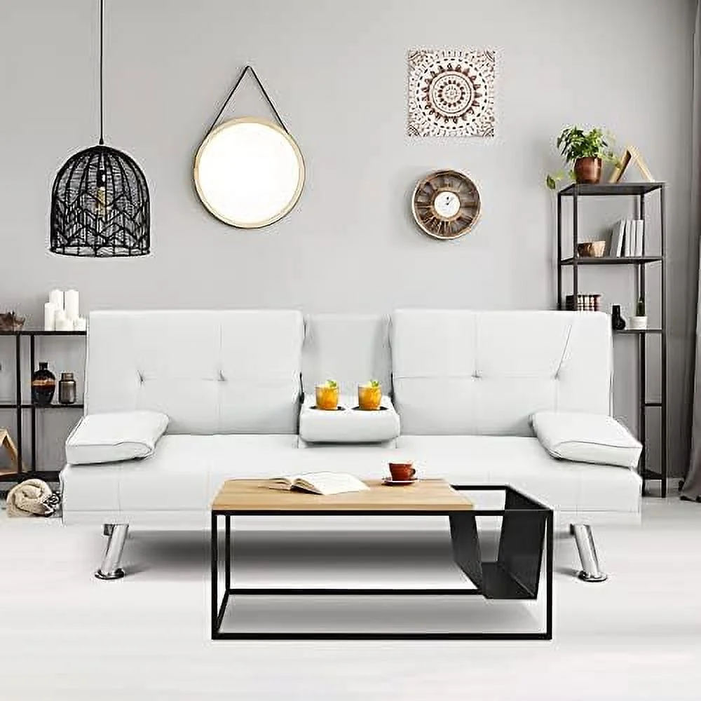 HOOMHIBIU Futon Sofa Bed  Modern Convertible Upholstered Faux Leather Loveseat Sleeper Sofa Couch w/7 Adjustable Positions  Cup Holder for Living Room  Bedroom  Studio  Office  Black