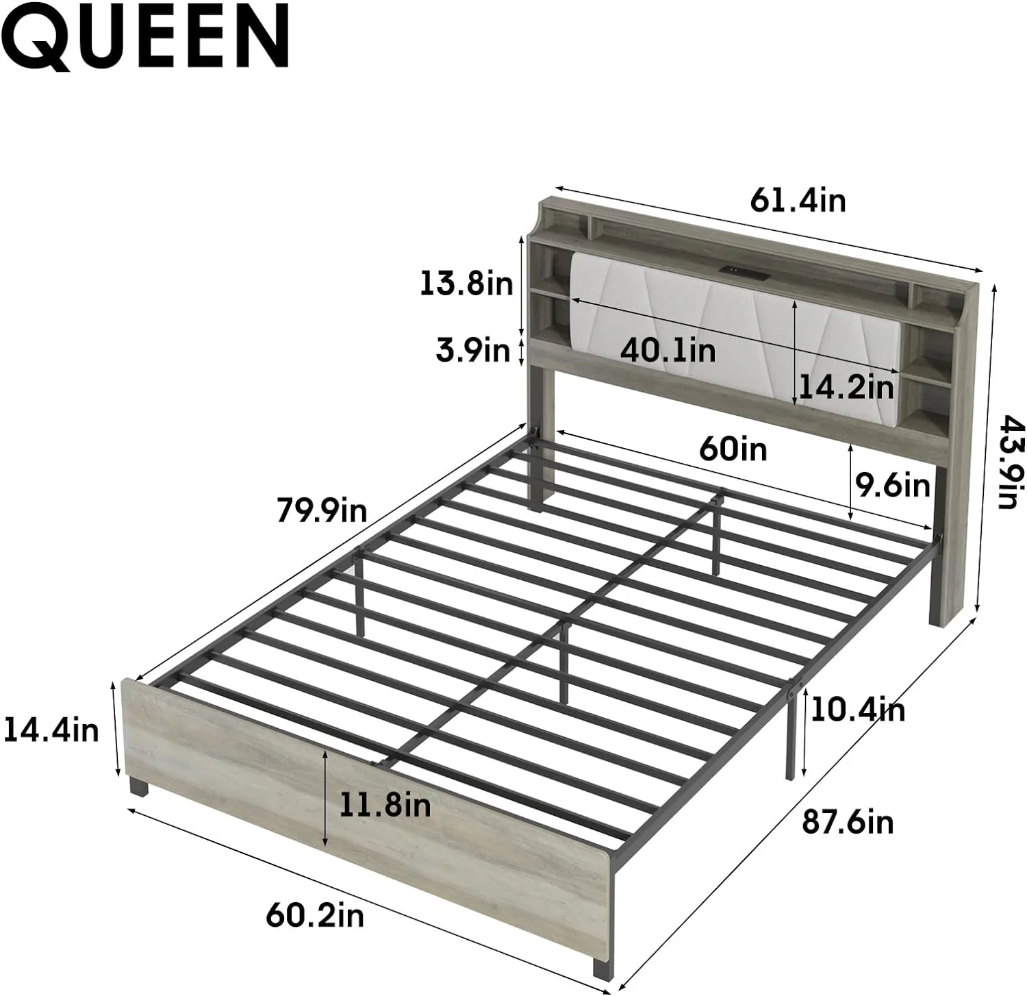 Vabches Queen Size Bed Frame with LED Lights and Charging Station, Upholstered Bed with Headboard and Underbed Storage, Steel Slat Support, So spring Needed, Noise Free, Gray