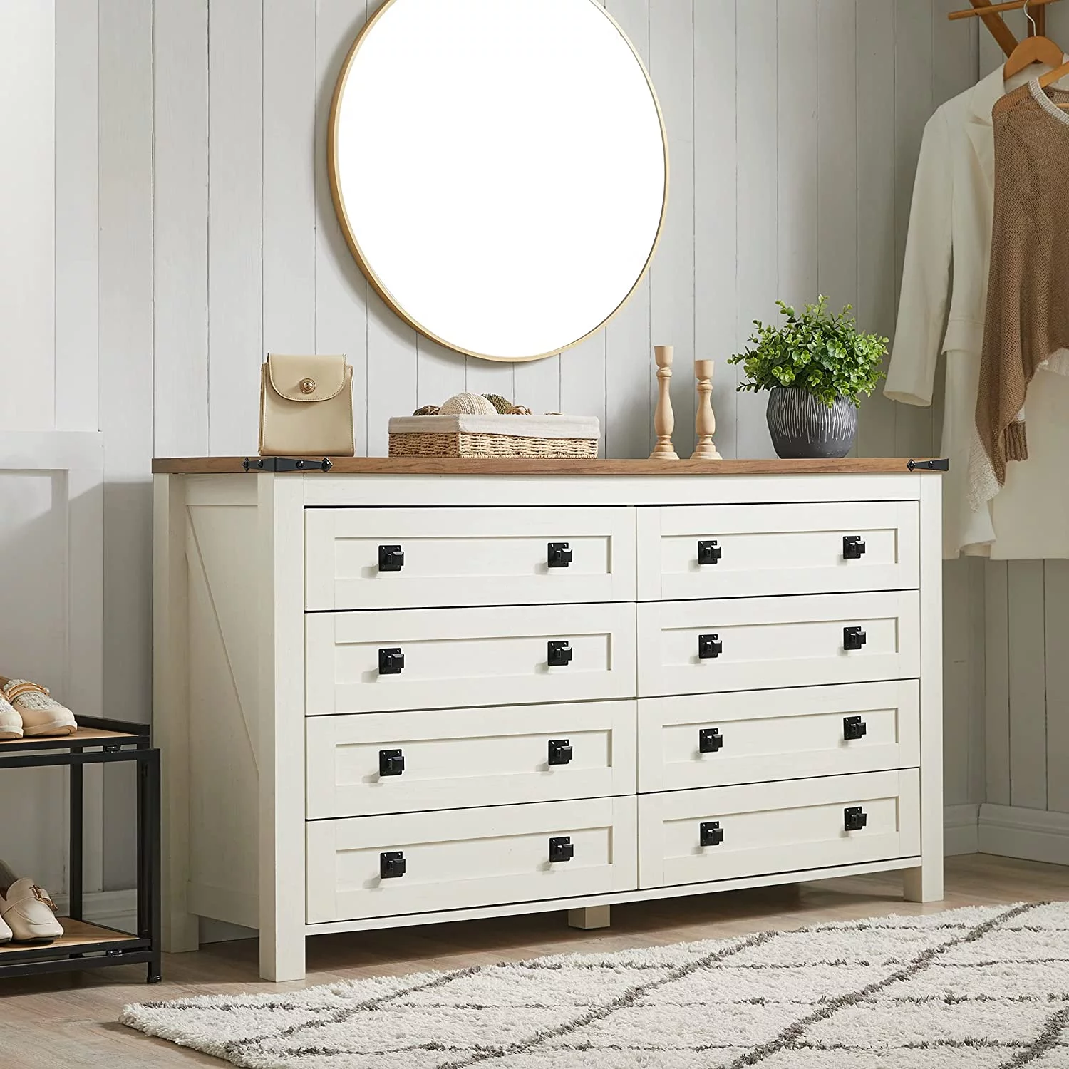 OKD Farmhouse 8 Drawers Dresser Storage Cabinet, Antique White