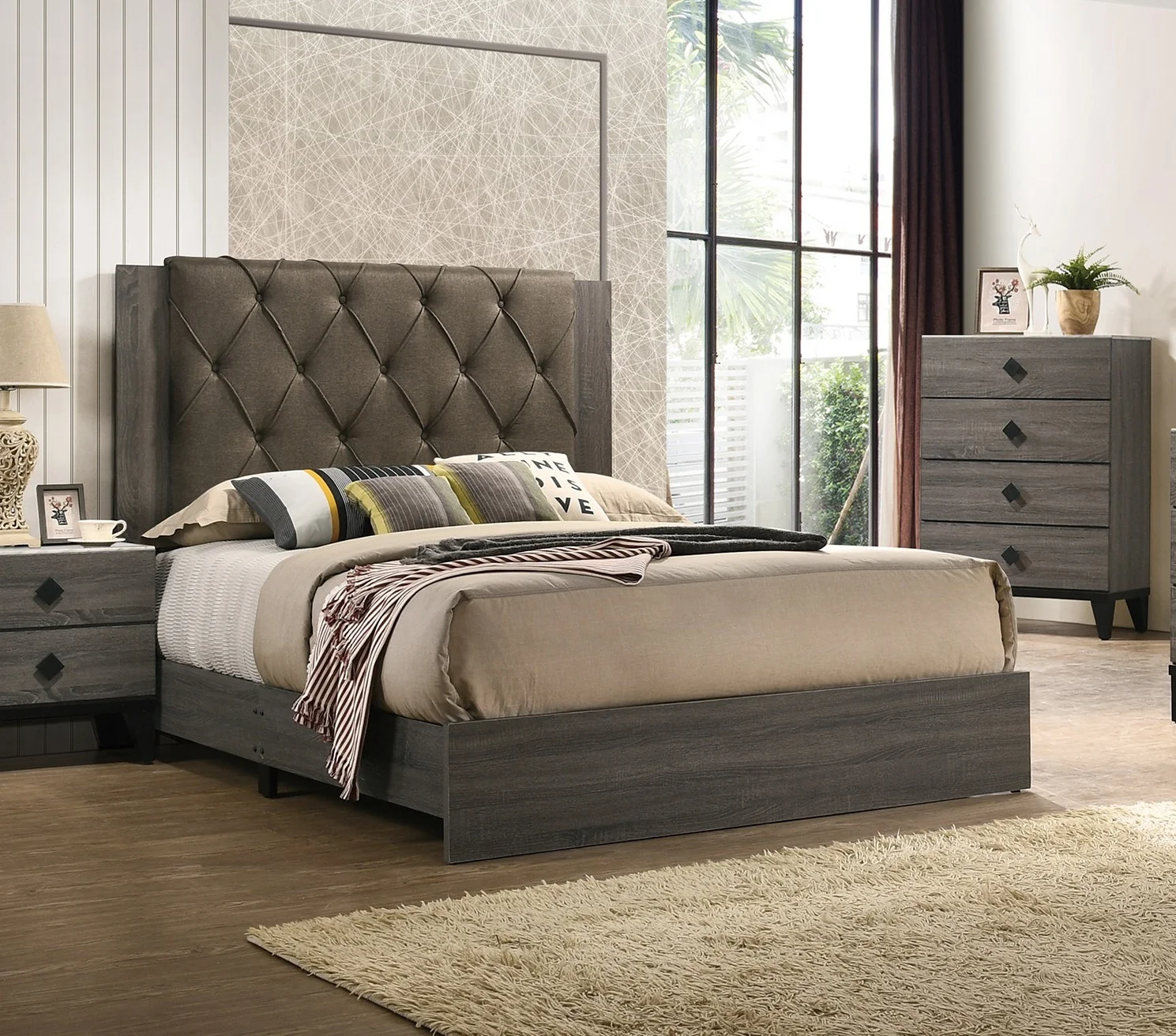 Wooden And Upholstered Tufted Headboard Cal King Size Bed Dresser Mirror Nightstand Unique drawers Handles 4pc Bedroom Furniture