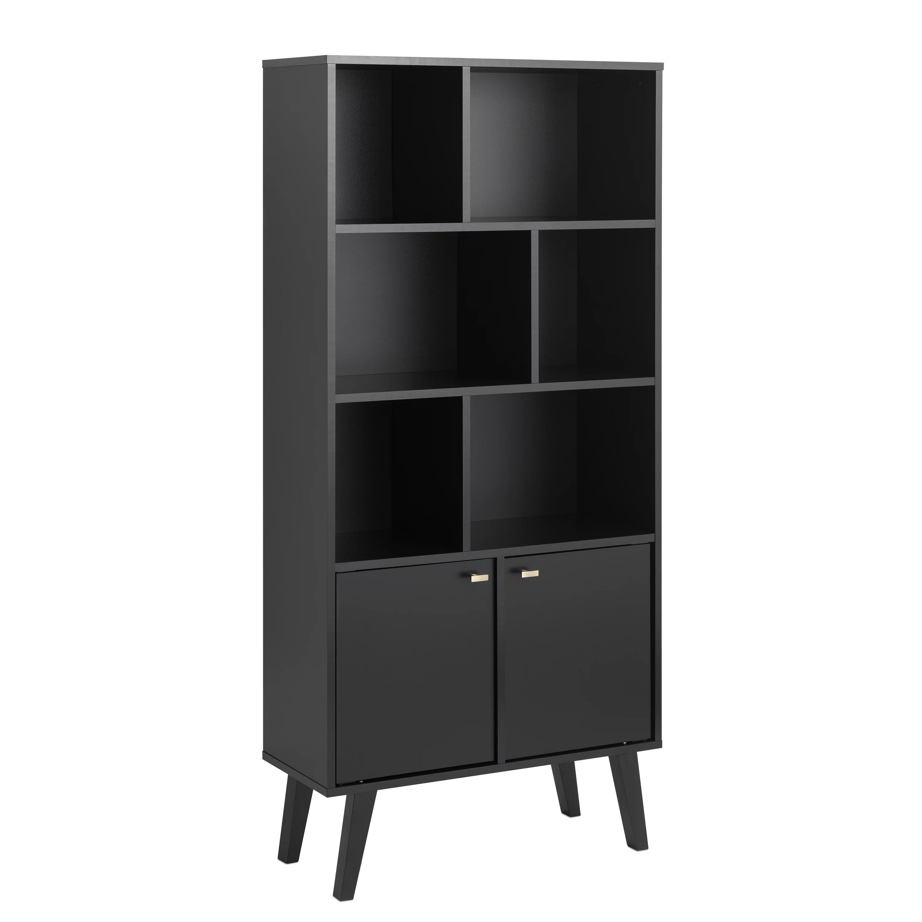 Prepac Milo Mid-Century Modern Bookcase with Inlet Shelves, Two Doors, and Brushed Brass-Finished Knobs, Black