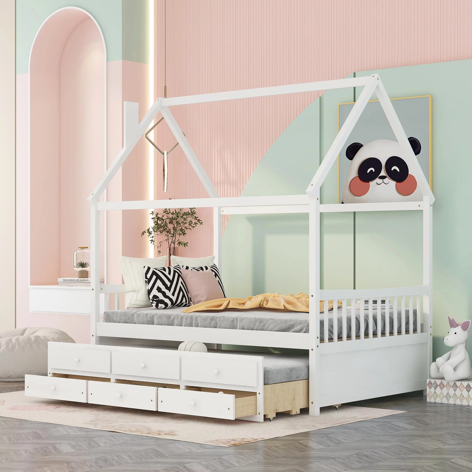 Wooden Tent Bed with Roof Design for Toddlers, Full House Beds with Trundle and 3 Storage Drawers for Kids, Wood Floor Bed Frame Bedroom Furniture for Girls Boys