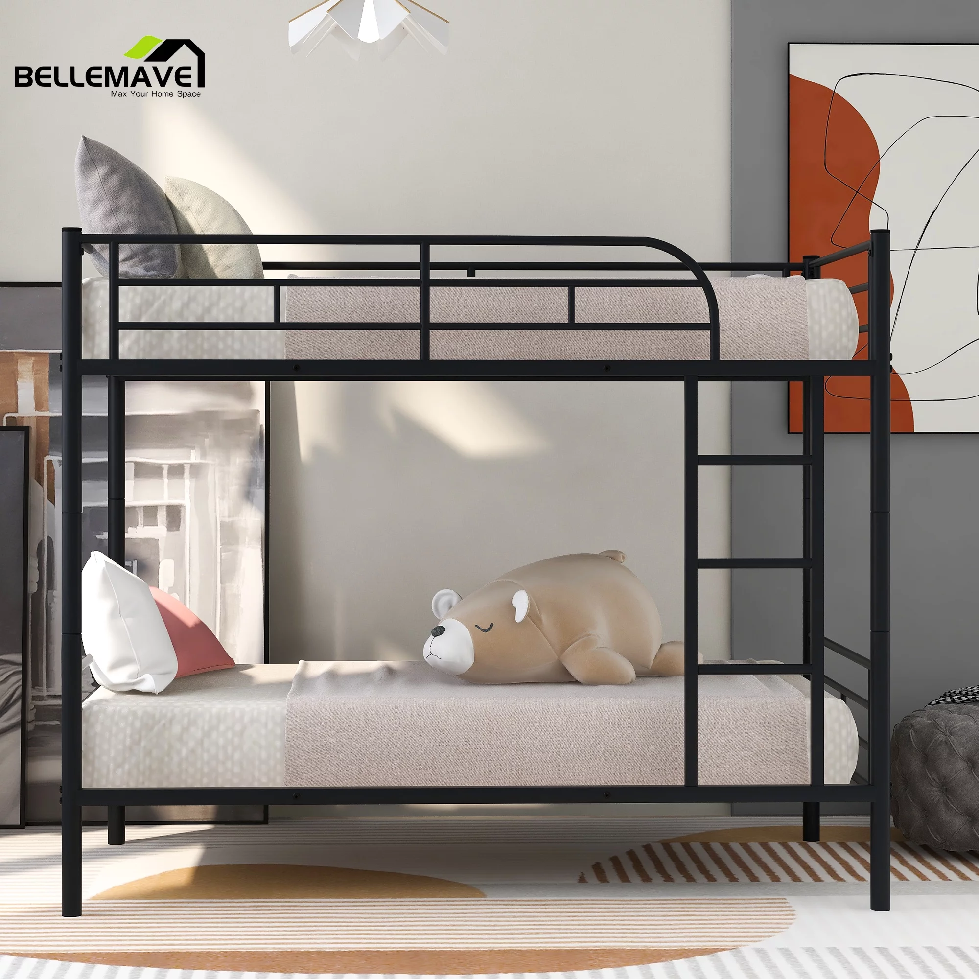 Bellemave Metal Twin over Twin Bunk Bed Frame with Ladder, Guardrail, Can be Divided into Two Beds for Boys, Girls, Dormitory Bedroom, Black