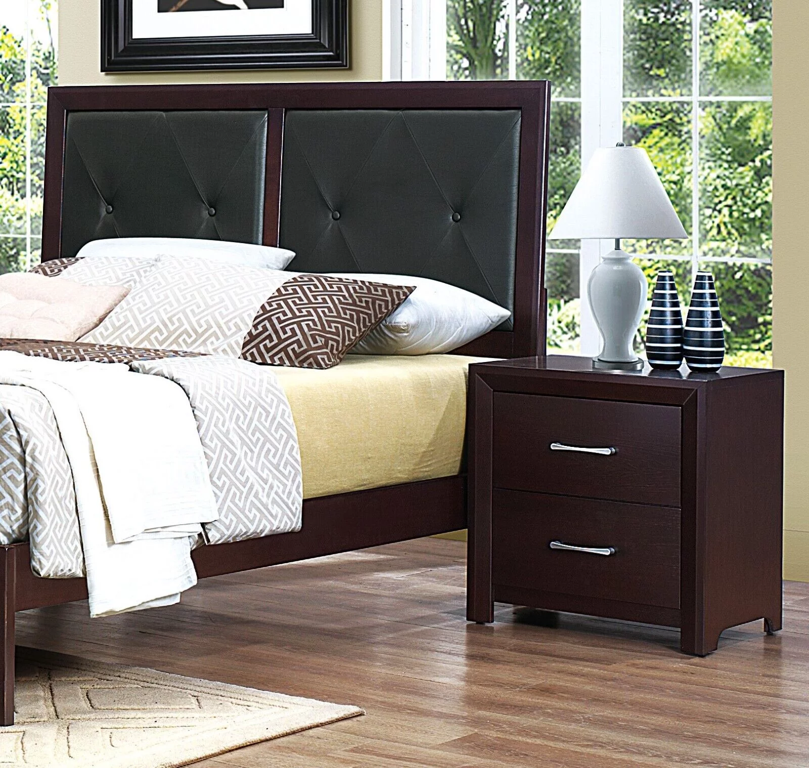 Espresso Finish Transitional Bedroom 3pc Set Full Bed Button-Tufted Nightstands Upholstered Panel Headboard Bedroom Furniture