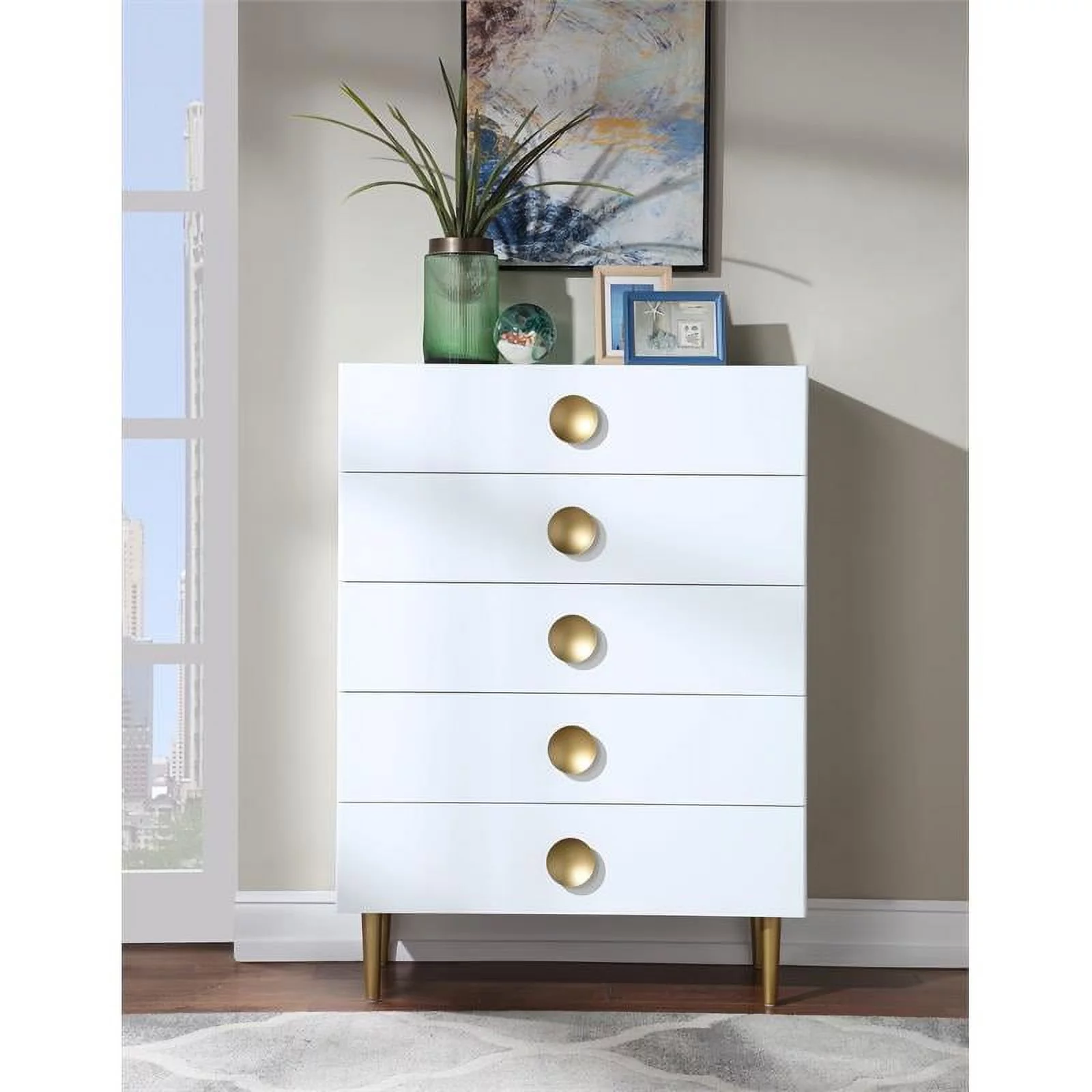 Maklaine 5 Drawers Contemporary Metal Chest in Rich White/Brushed Gold