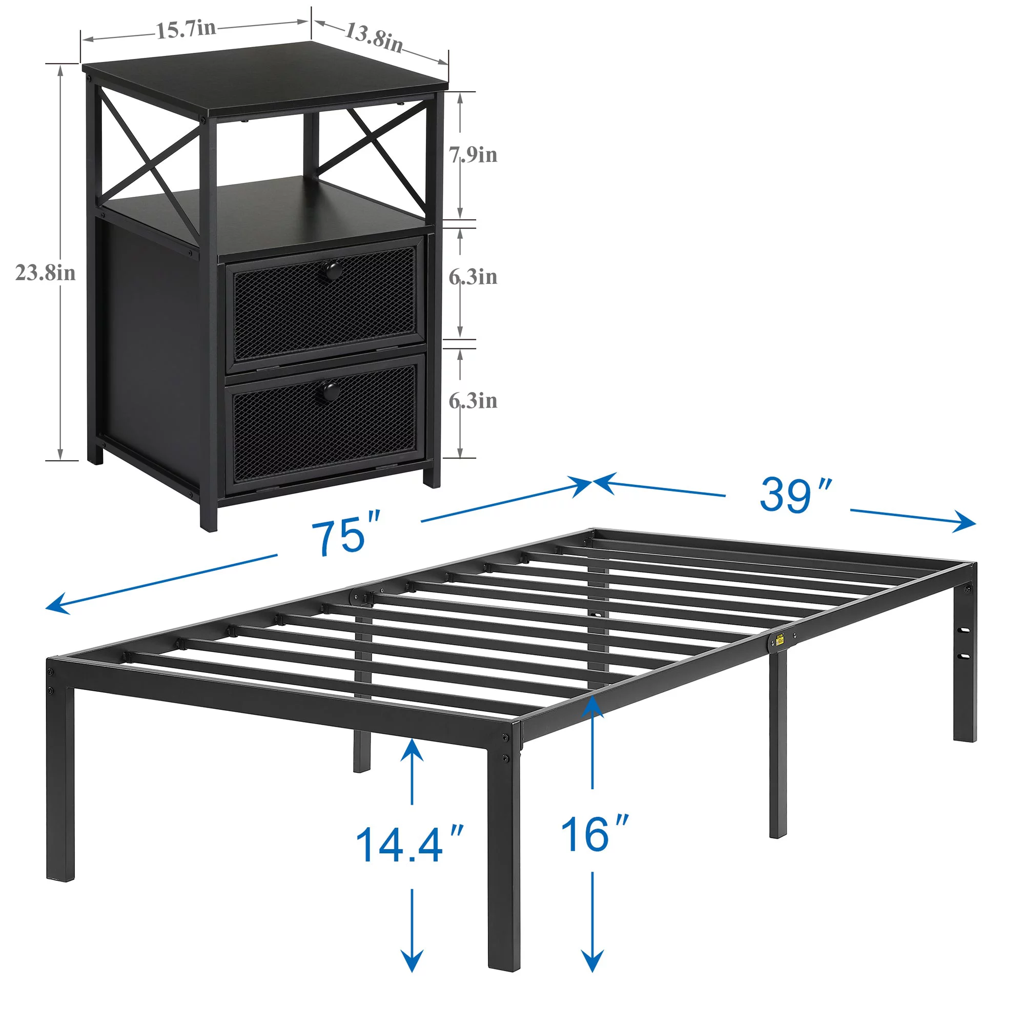VECELO 3-Piece Twin Bedroom Sets Include Metal Platform Bed Frame and 2 Black Nightstands
