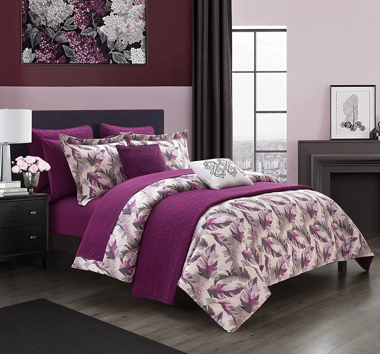 Chic Home Kala 12 Piece Comforter and Quilt Set Watercolor Leaf Print Geometric Pattern Bed in A Bag - Sheet Set Decorative Pillows Shams Included, Queen, Purple Queen Purple