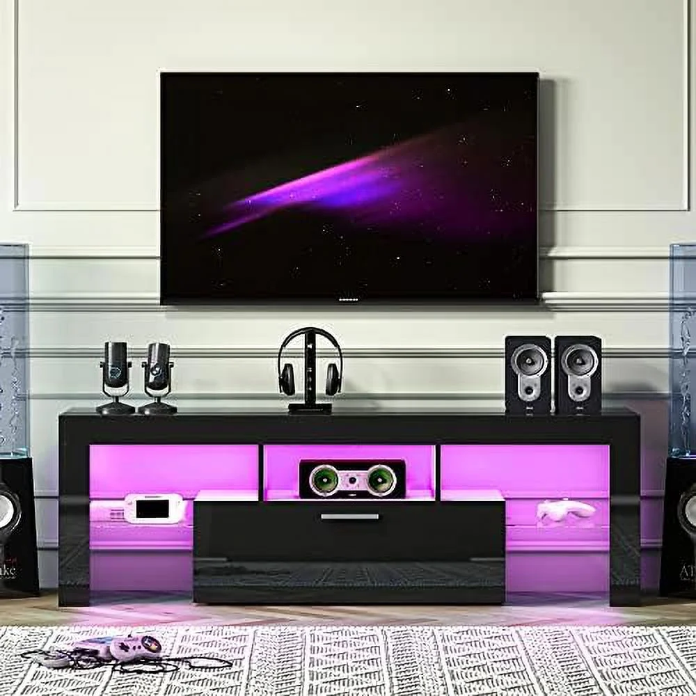 TJUNBOLIFE Modern LED TV Stand for 55/60/65/70/75 Inch TVs with LED Lights  High Gloss Gaming White Entertainment Centerwith with Open Shelves   TV Table Media Console for Living Room Bed