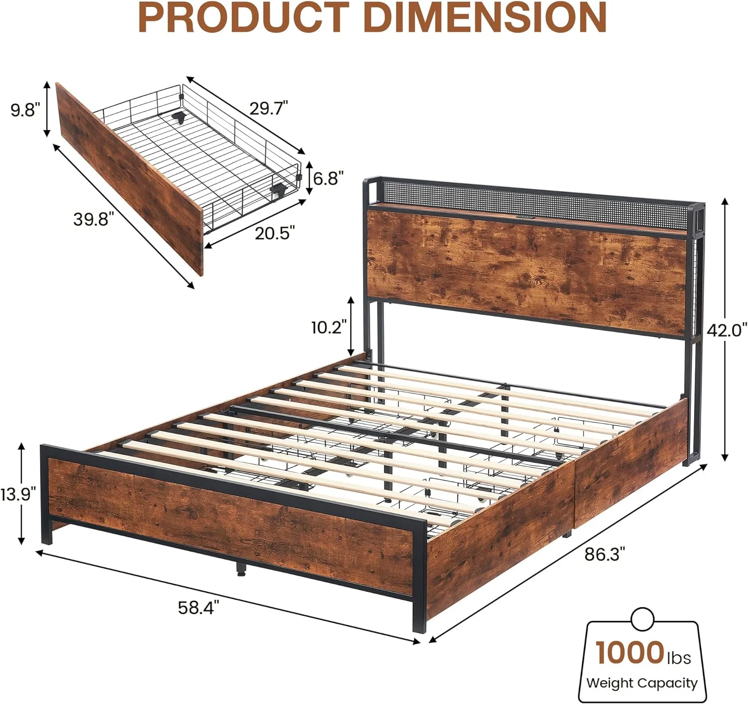 YINCHEN Queen Bed Frame with Storage Drawers and Charging Station, LED Light Queen Bed Frame with Storage Headboard, Metal Platform Bed with Strong Wood Slats Support, No Box Spring Needed