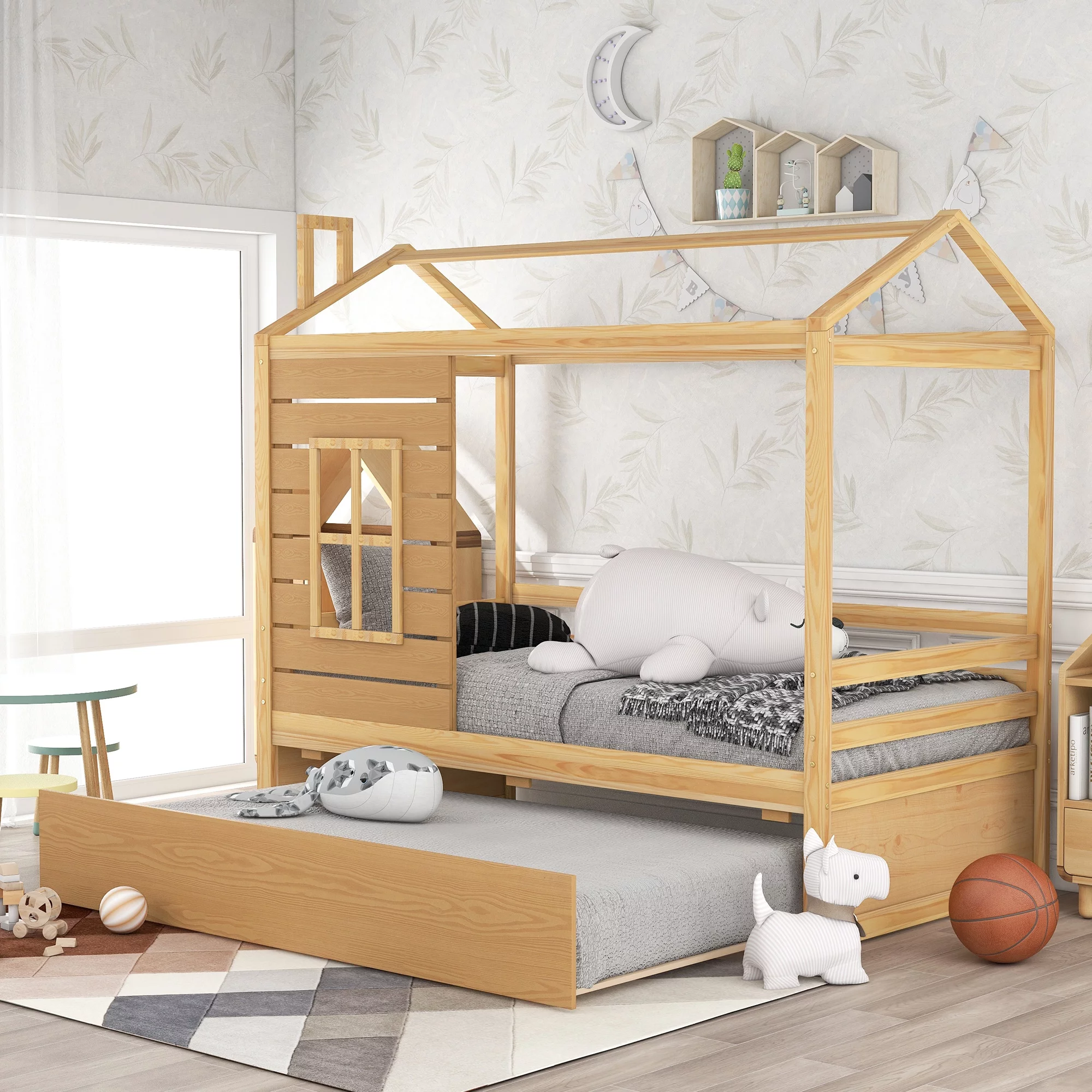 Nestfair  Twin Size House Style Wood Bed with Trundle Natural