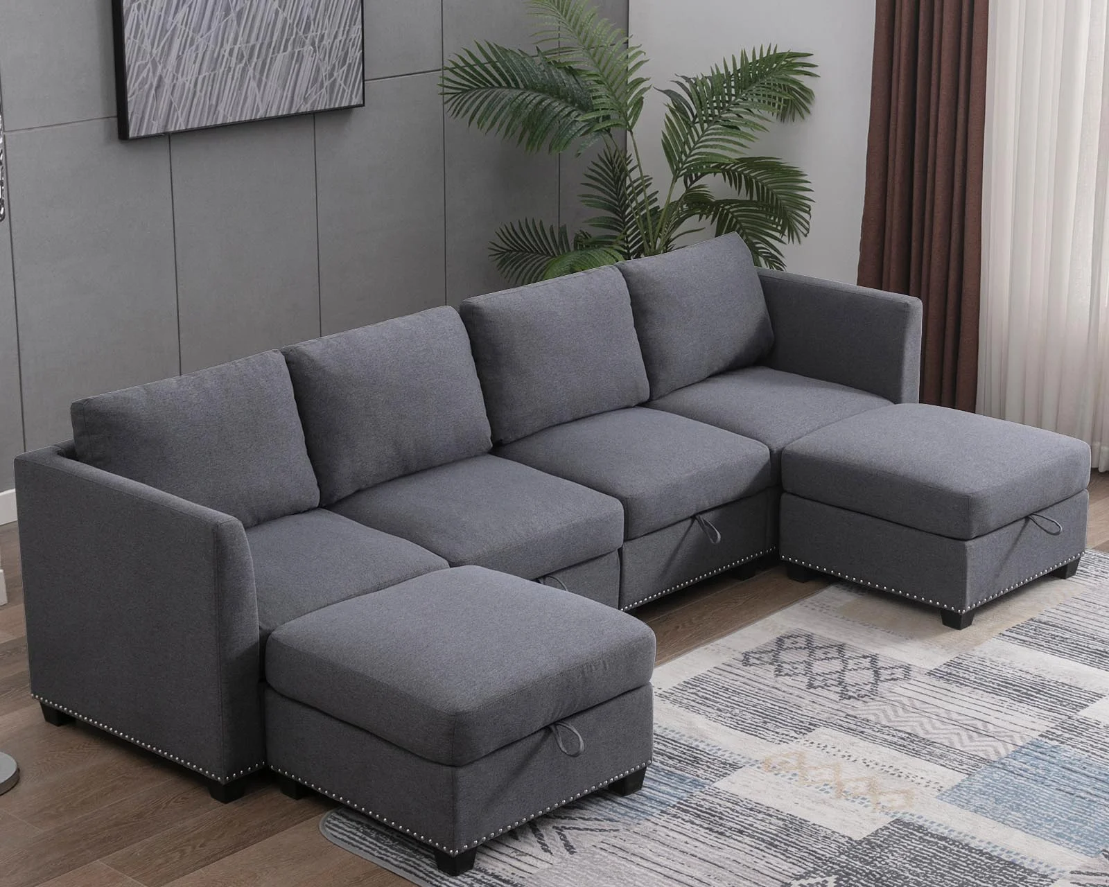 Puremind 6PCS Modular Sectional Sofa with Ottomans, Convertible U-Shaped Couch with Storage Large Space, 6 Seaters Oversized Sleeper Sectional Couch Furniture Sets for Living Room/Office,Dark Grey
