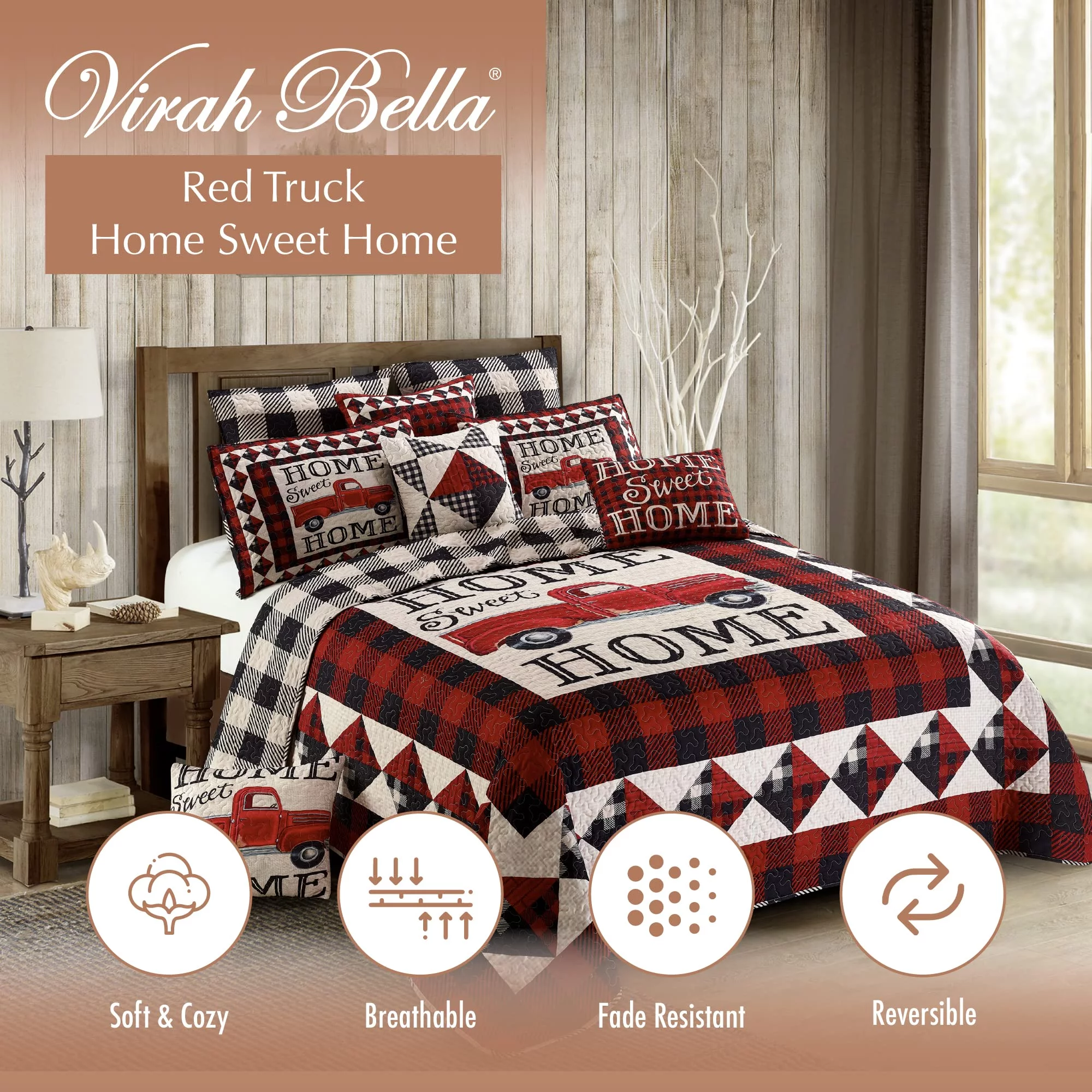 Virah Bella 2 Piece Twin Cabin Quilt Bedding Set - Strain Red Truck Home Sweet Home - Rustic Wildlife Country Reversible Camping Comforter with Decorative Pillow Shams, Red/White