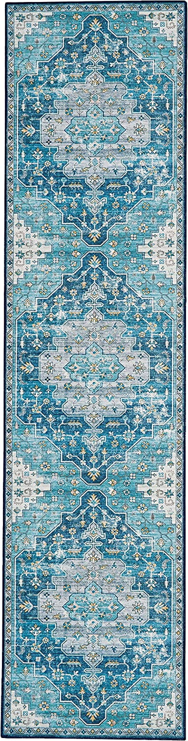 Linon Home Decor Products The Anywhere Washable Rug Firenz Teal & Ivory 2' X 8' Runner Rug 2' X 8' Firenz Teal & Ivory