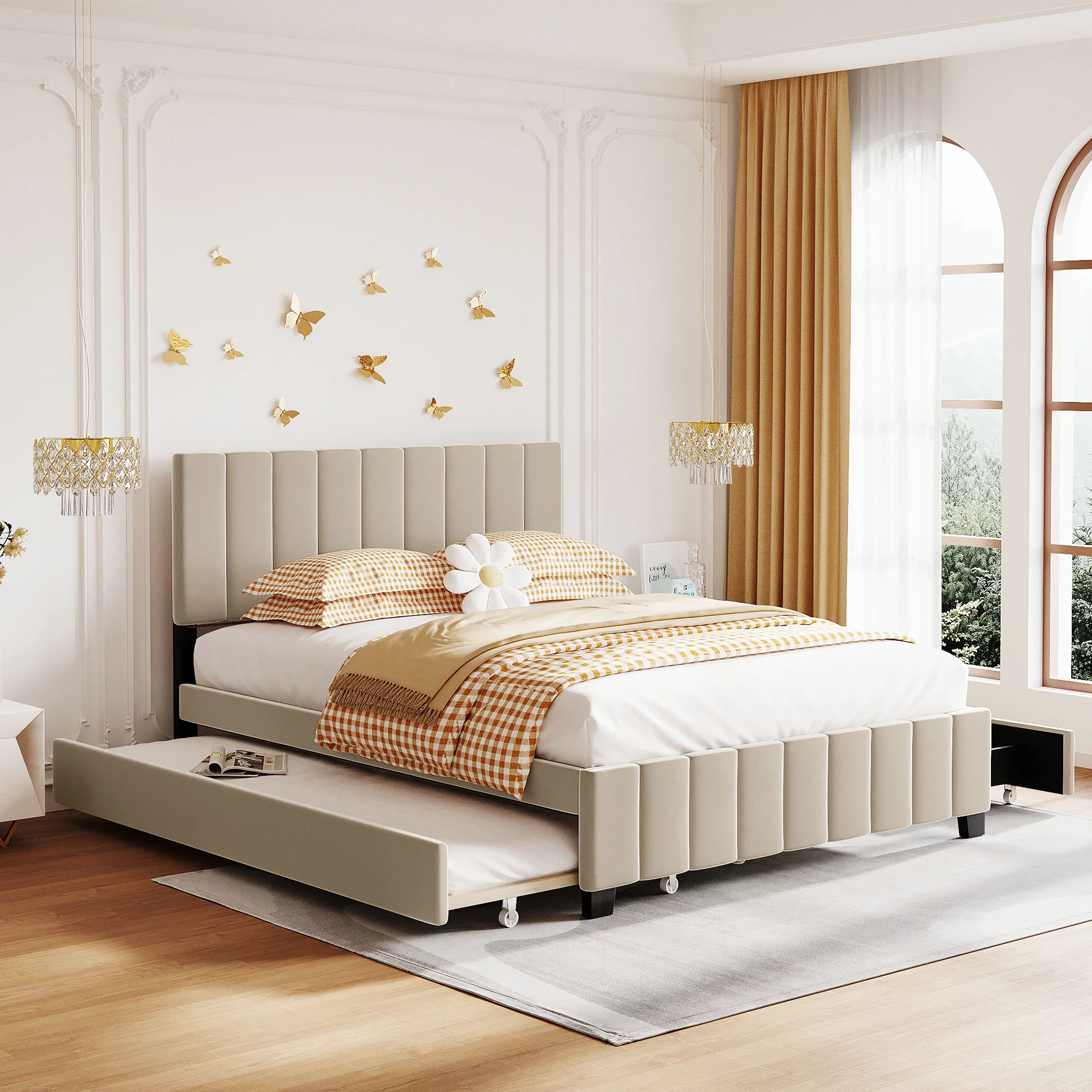 CoSoTower Queen Size Velvet Upholstered Platform Bed with 2 Drawers and 1 Twin Xl Trundle- Beige