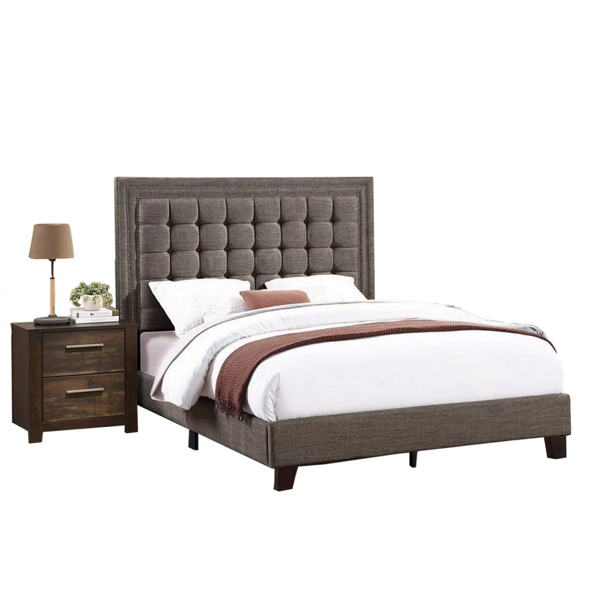 Benjara Zofi Modern King Size Bed, Deep Square Tufted Upholstery, Taupe Polyester
