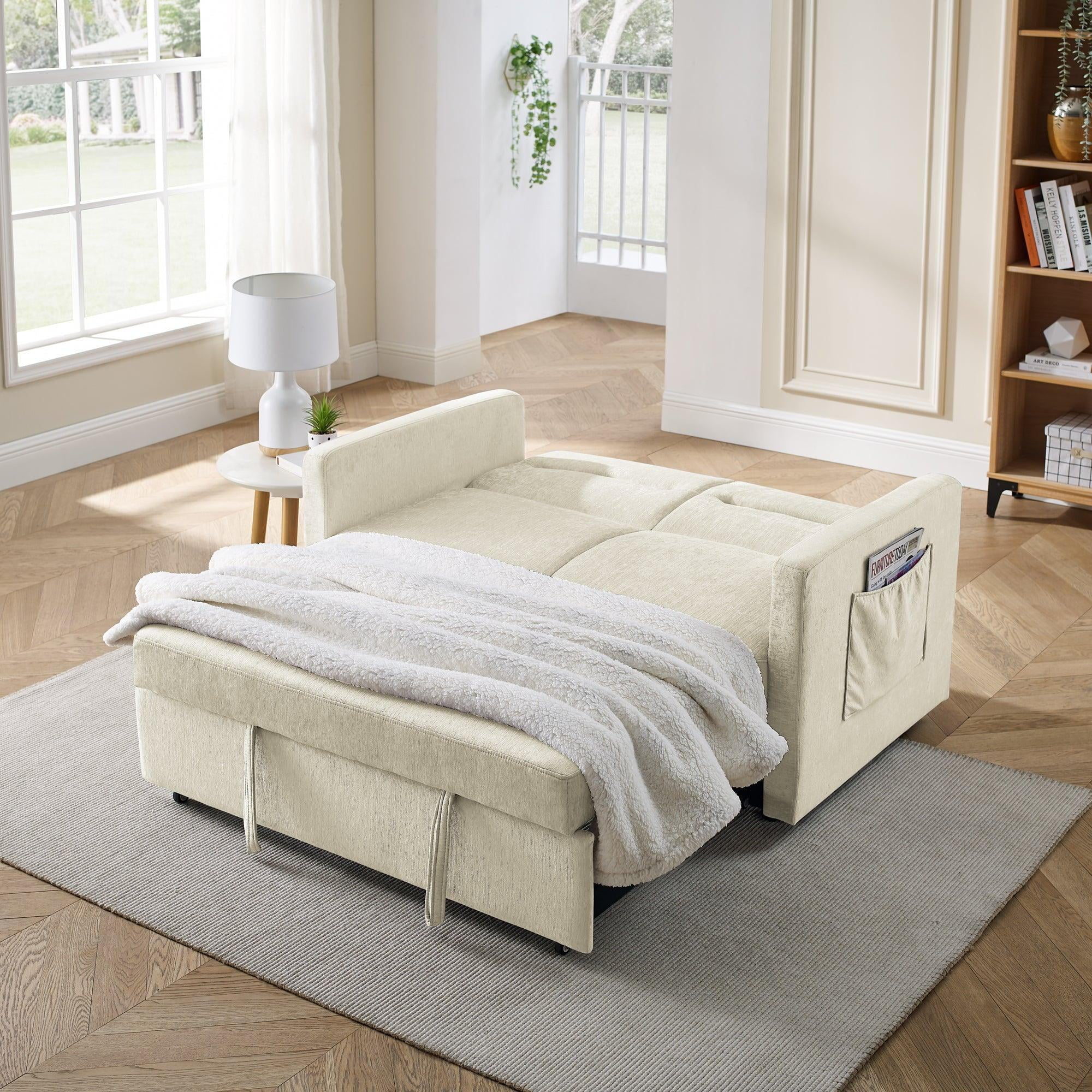 Supfirm Sofa Bed with Pull-out Bed，Adjsutable Back and Two Arm Pocket，Beige （54.5“x33”x31.5“）