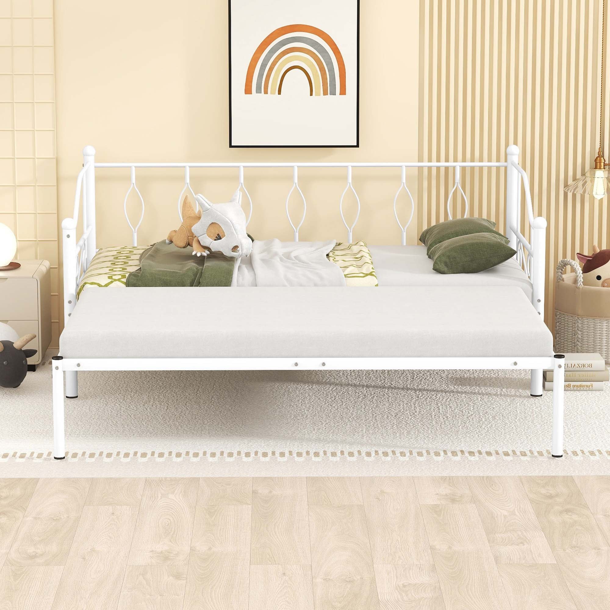 Twin Daybed with Trundle, SESSLIFE Metal Daybed Frame with Pull out Trundle, Heavy Duty Extendable Daybed,No Box Spring Needed, Twin Size Sofa Bed with Steel Slats Suppor, White