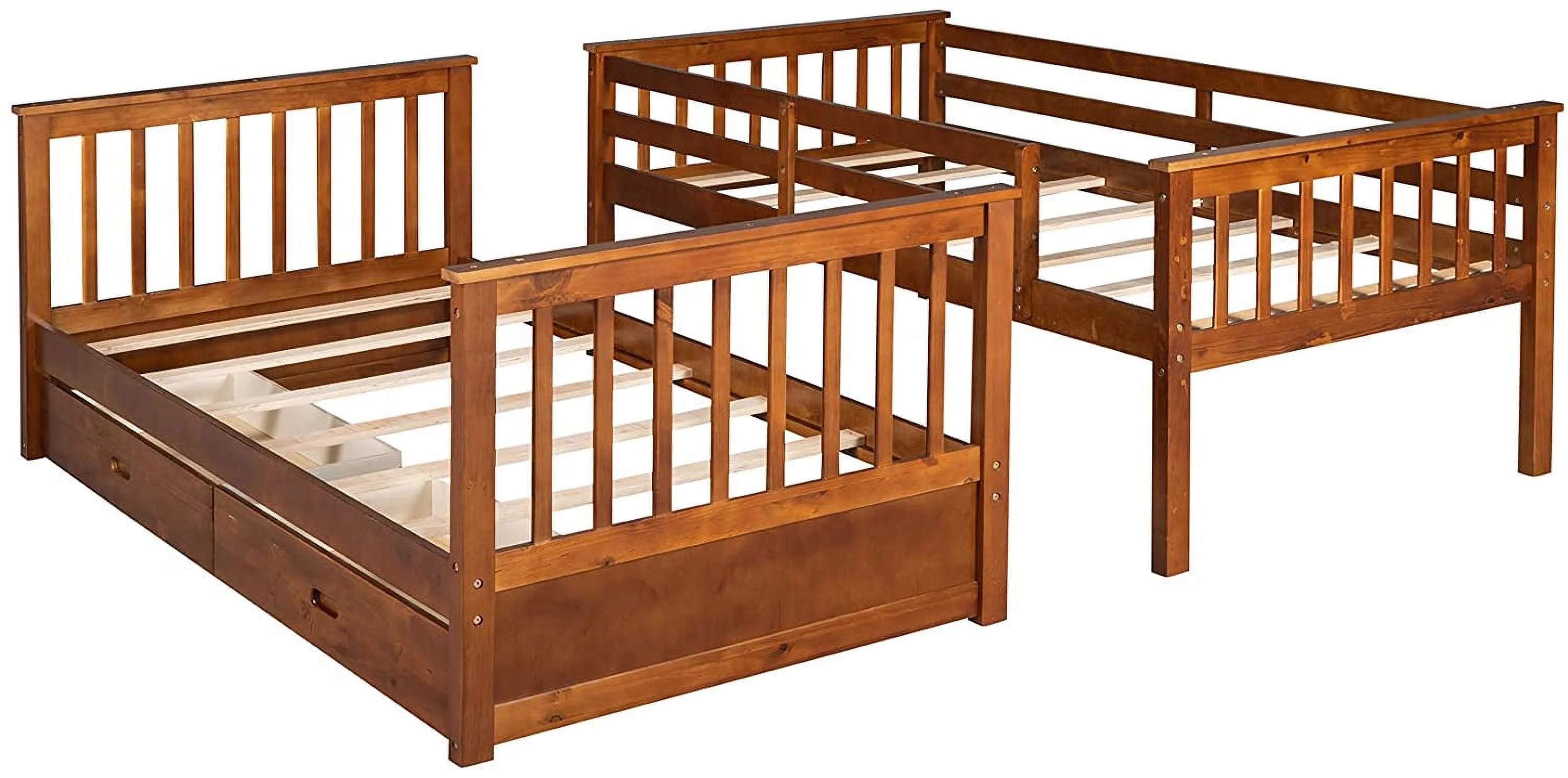 Over Bunk Bed With Storage Drawers, Solid Pine Wood Frame And Ladder With Guard Rails For Kids, Teens, Boys And Girls, No Box Spring Needed, Bunk Bed Walnut