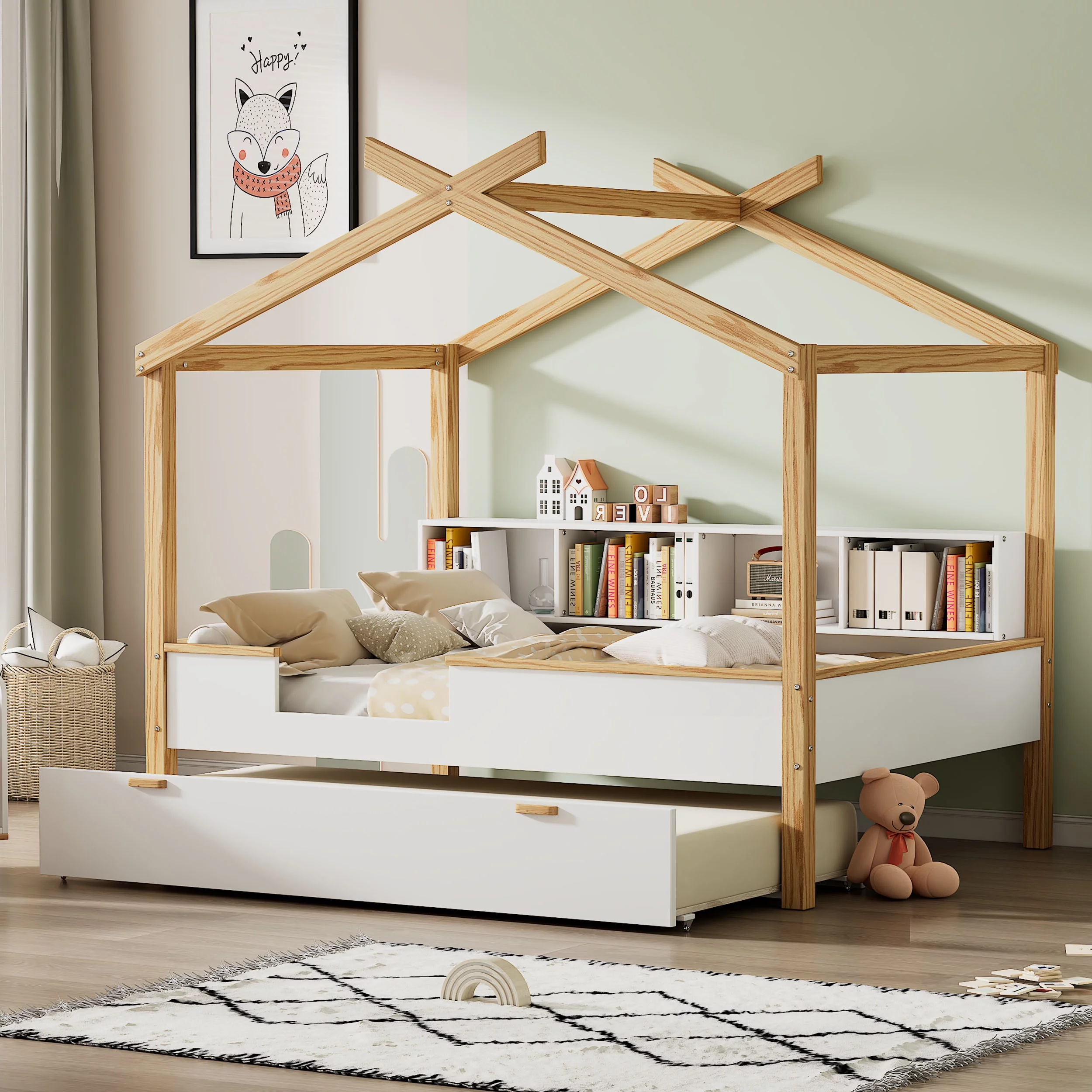 Bellemave Full Size House Bed with Trundle and Storage Shelves, Wood Montessori Beds with Bookcases, Playhouse Bed for Kids Teens Girls Boys (White with Natural)