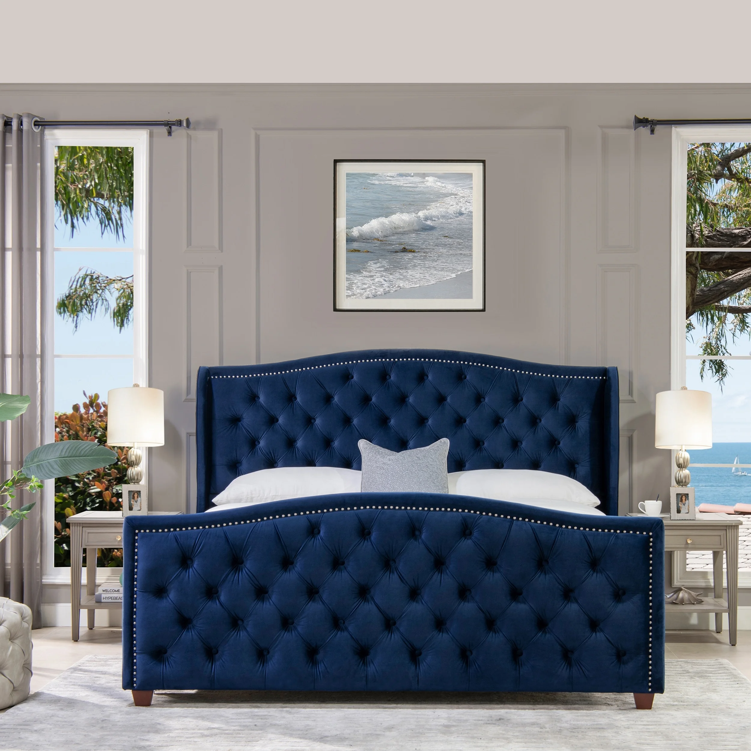 Marcella Tufted Wingback King Bed Navy Blue