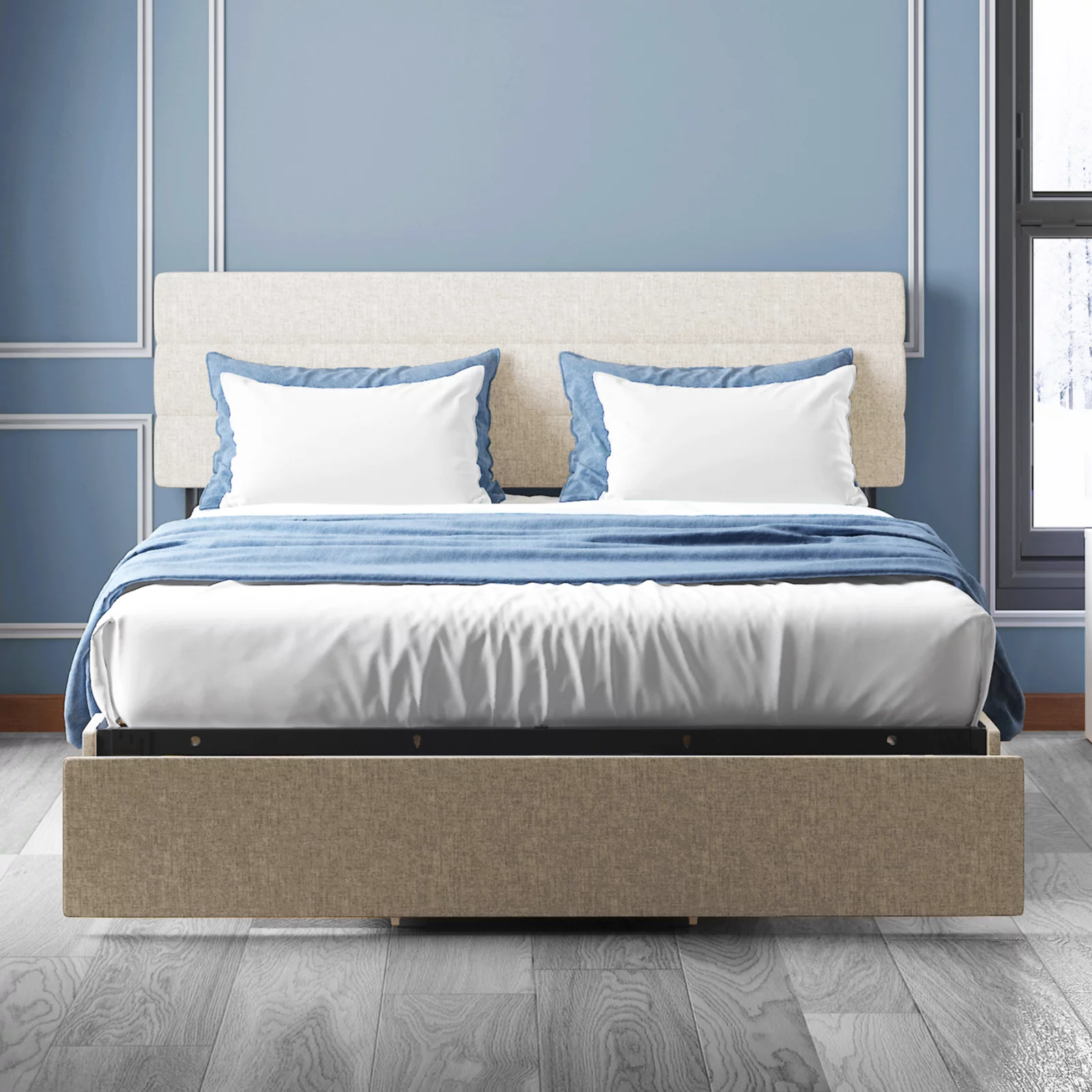 ZAFLY Full Size Bed Frame with Drawers, No Box Spring Needed Bed Frame with Headboard, Upholstered Platform Bed Frame with Large Storage Space for Bedroom, Beige