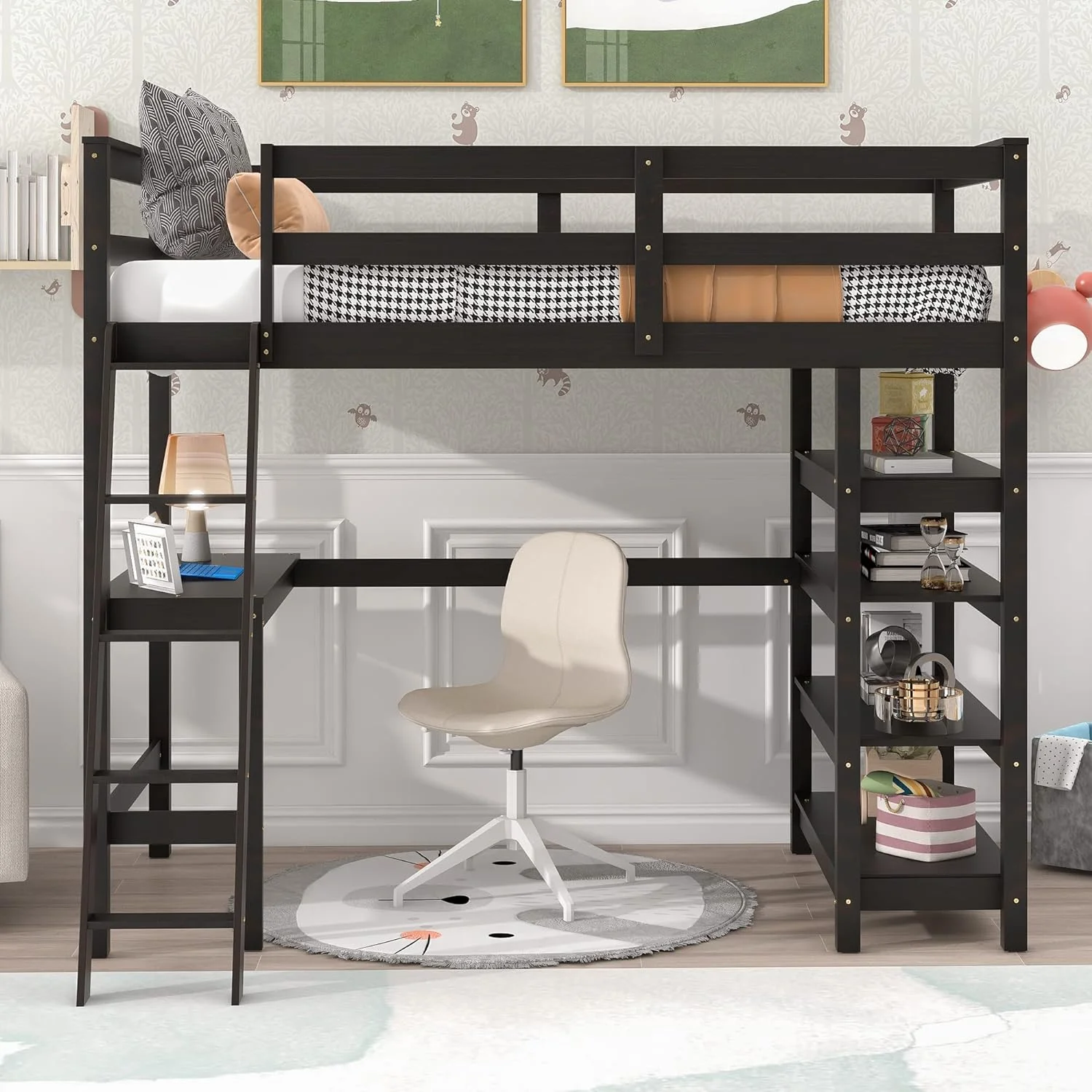 Loft Bed With Desk And 4-Tier Shelves, High Loft Bed Frame With Storage, Solid Wood Size Loft Bed No Box Sing Needed, Esesso