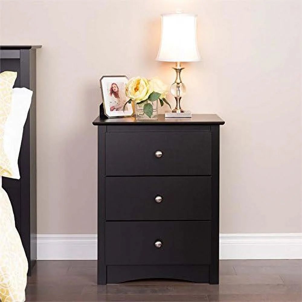 Modern 3 Drawer Wooden Bedside Tall Nightstand In Black