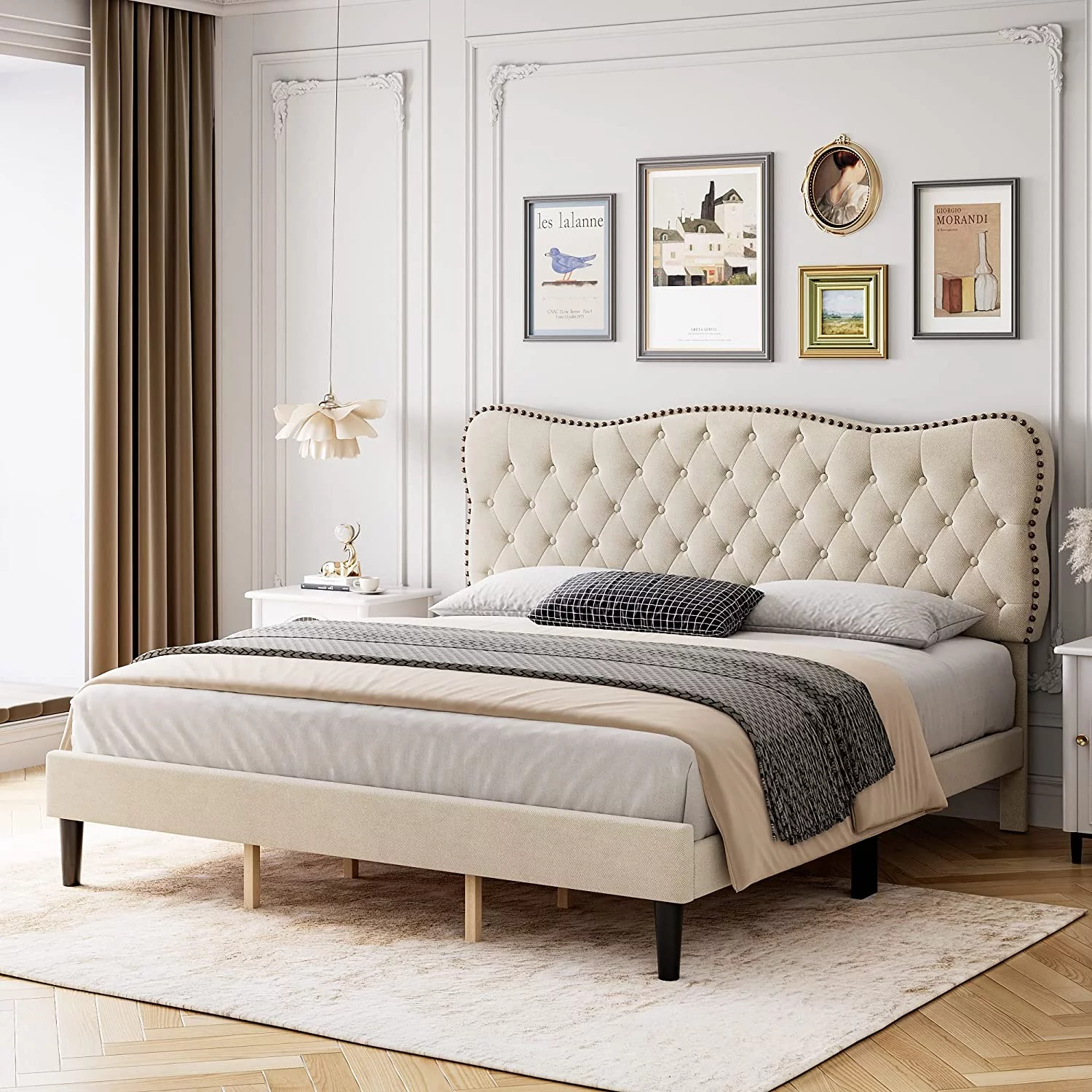 Queen Size Bed Frames Platform Upholstered Bed with Diamond Tufted and Adjustable Headboard No Box Spring Needed for Bedroom Bedroom Furniture in Beige