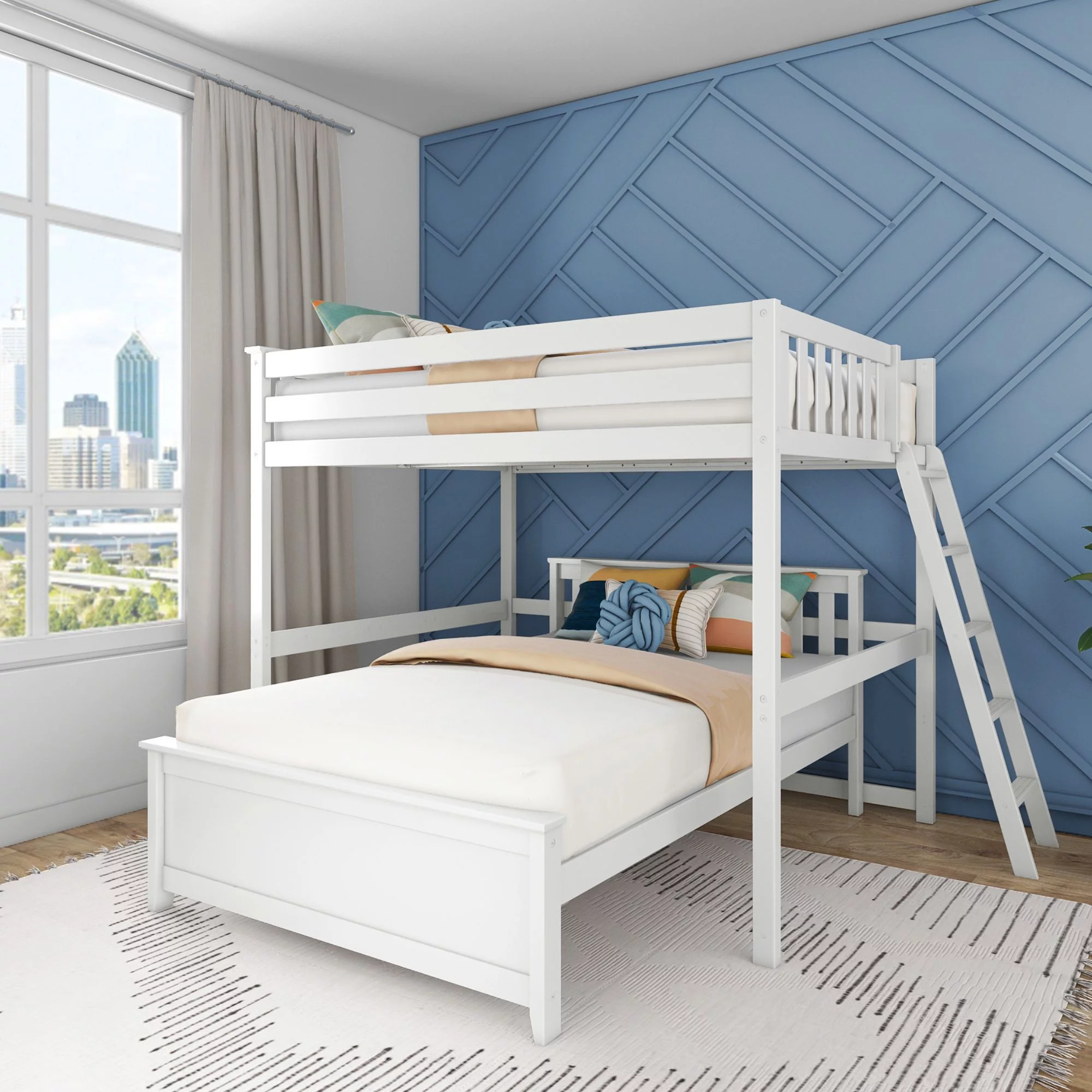 Max & Lily L-Shaped Full over Full Bunk Bed with Ladder on End, White