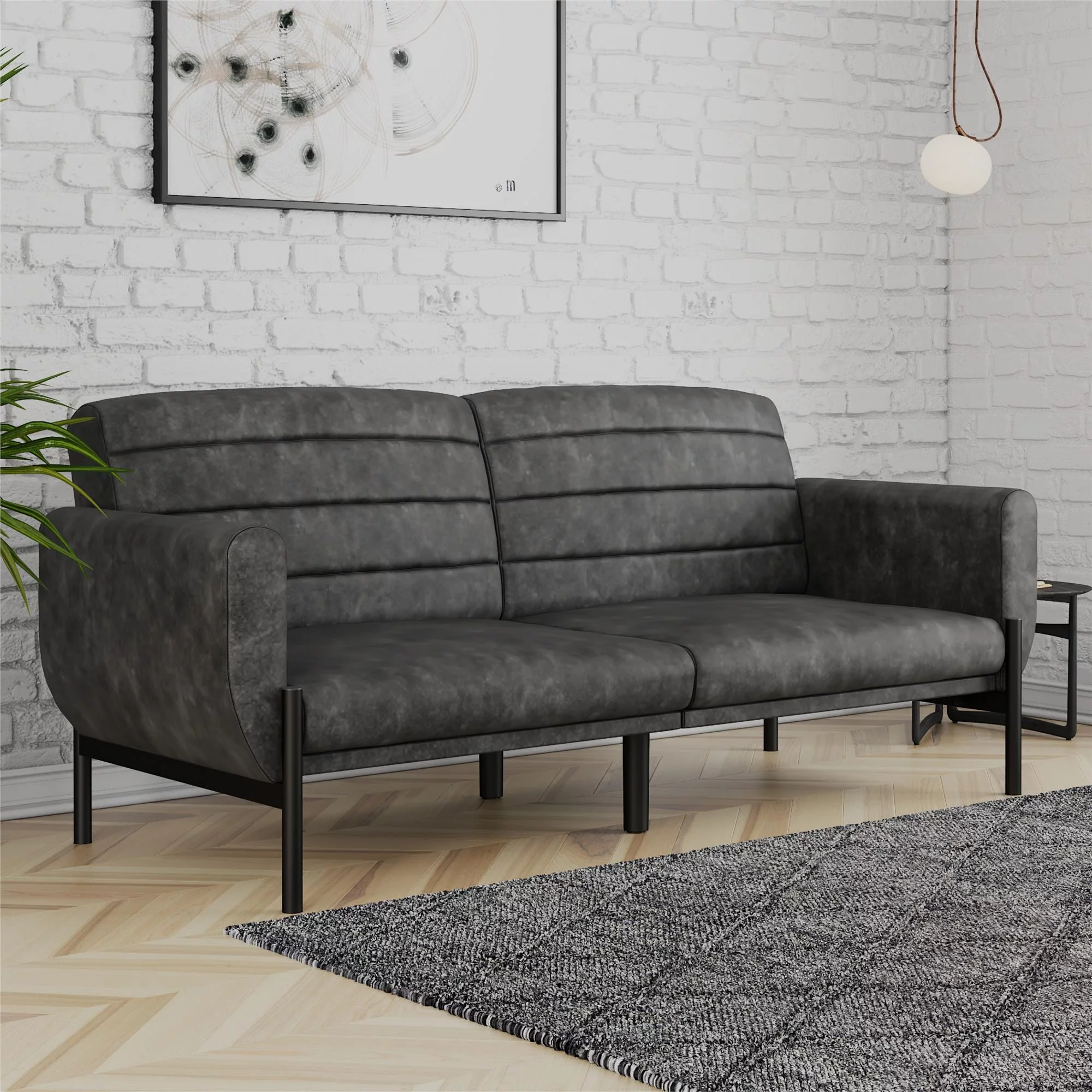 DHP Sadie Futon Sofa Bed and Couch Sleeper, Distressed Charcoal Black Faux Leather