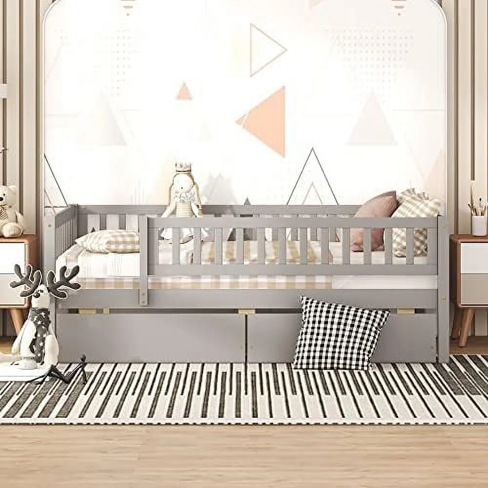 Full Size Daybed With Drawers, Wood Full Bed Frame, No Box Spring Needed, Gray