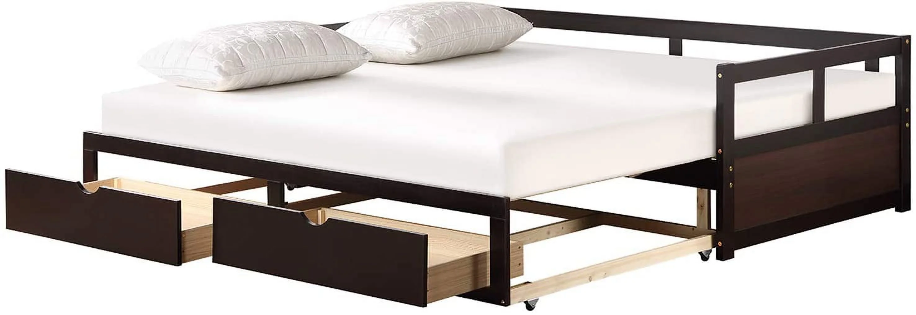 Daybed With Trundle And Drawers, To King Design Sofa Bed,Wooden Extendable Bed Daybed For Bedroom Living Room, Espresso