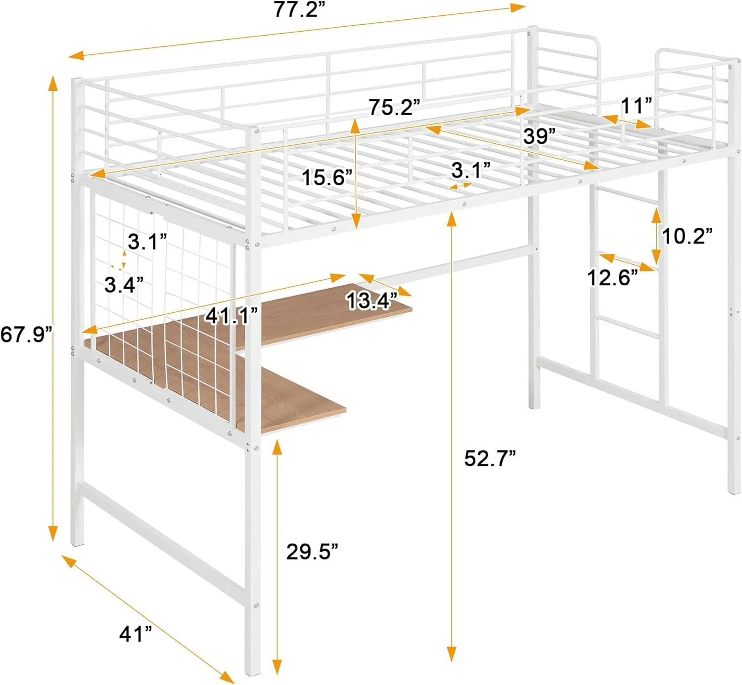 Metal Loft Bed With Desk And Metal Grid, Industrial Style Steel High Over Loft Bed Frame For Kids