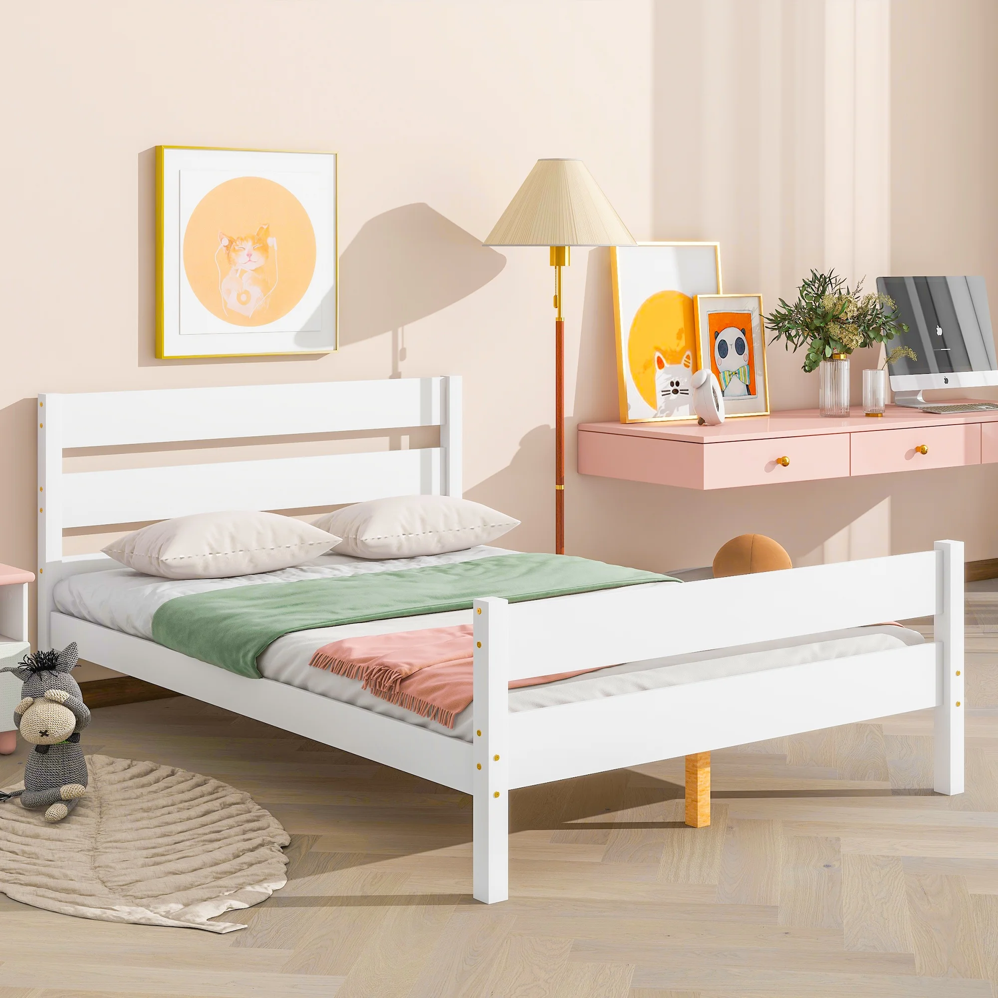 BTMWAY Full Platform Bed Frame, Heavy Duty Wood Platform Bed Frame with Headboard and Footboard, Modern Full Size Bed Frame for Teens Adults, No Box Spring Needed, White