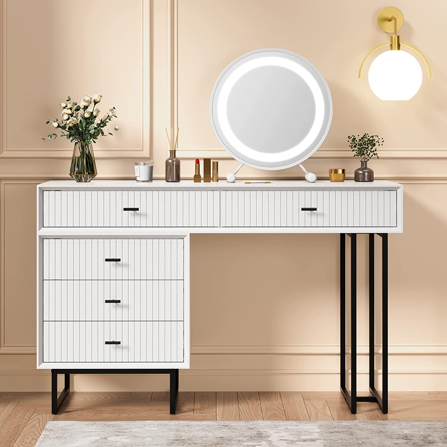 Makeup Vanity Desk Set with Drawers, Large Modern Makeup Dressing Table Bedroom Vanity Sets Storage Dresser Furniture Set