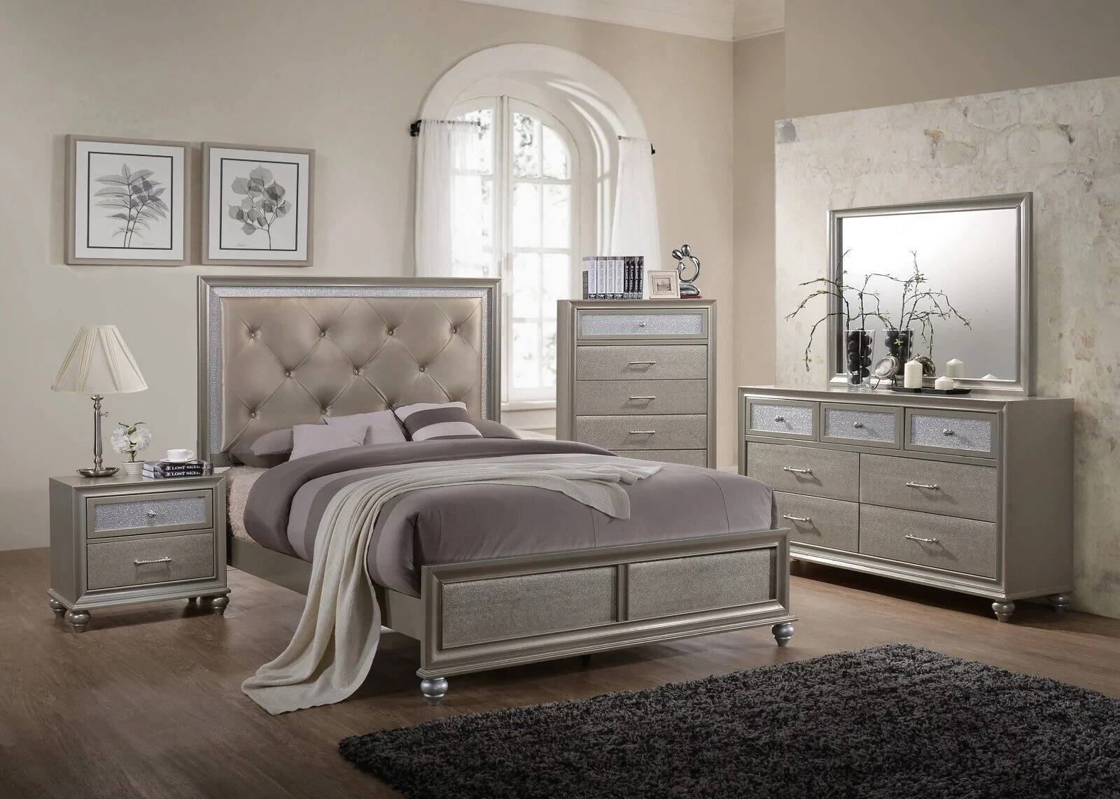 Modern Champagne Faux Diamond Button Tufted HB Finish 6pc Full Size Bedroom Set Bed Dresser Mirror Nightstand Chest