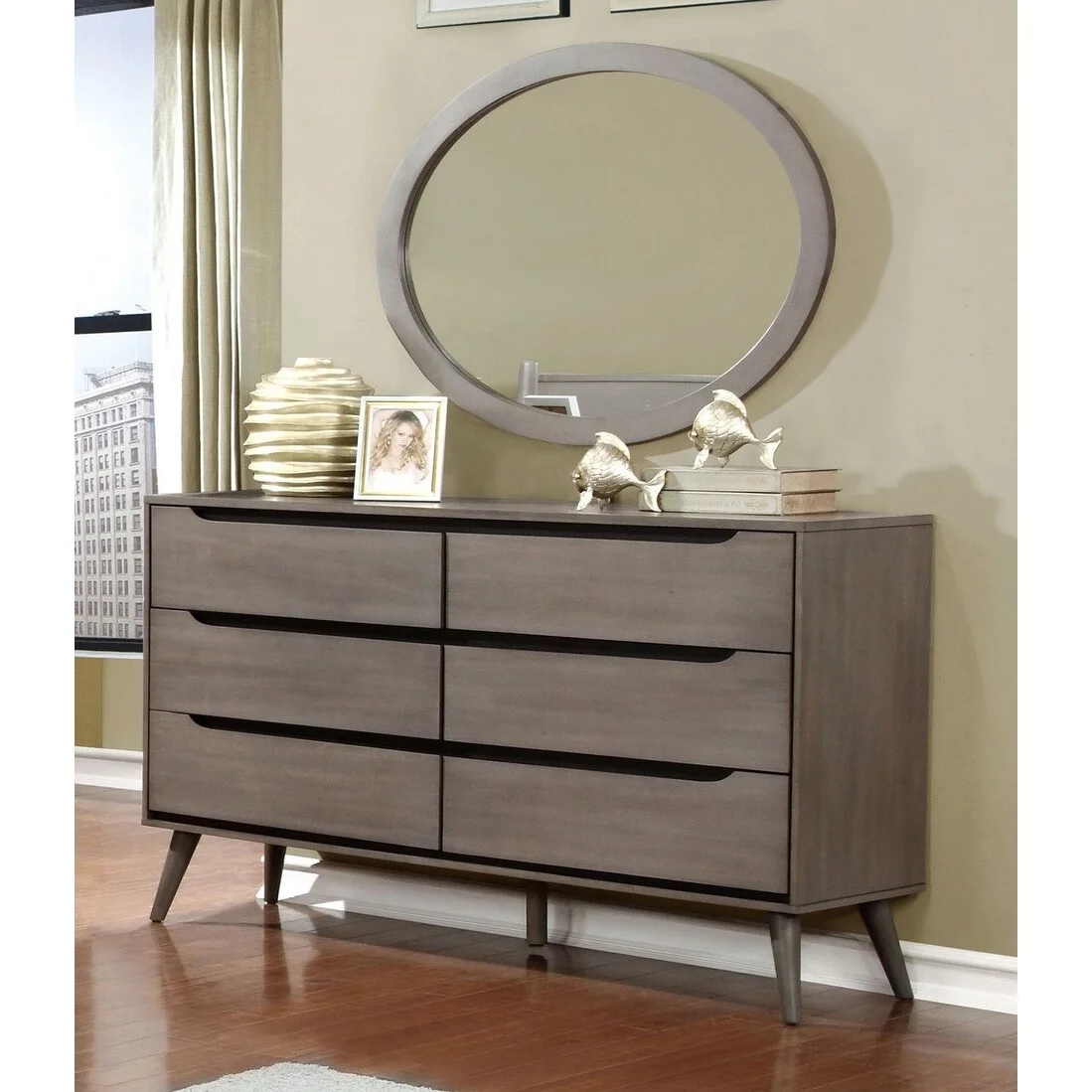 Furniture of America Fopp Mid-Century Modern Solid Wood 6-Drawer 2-Piece Dresser and Oval Mirror Set by  Black Painted Dark Wood