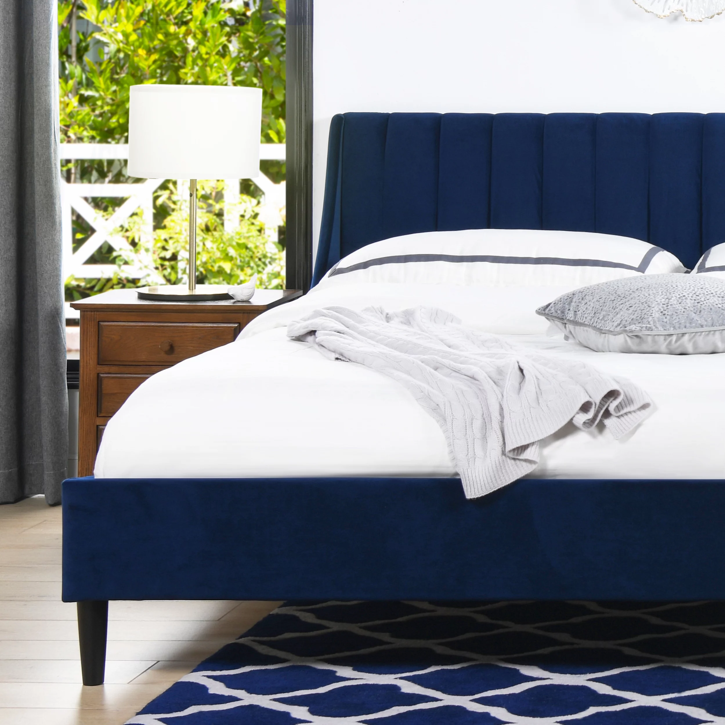 Aspen Vertical Tufted Headboard Platform Bed Set King Navy Blue Velvet