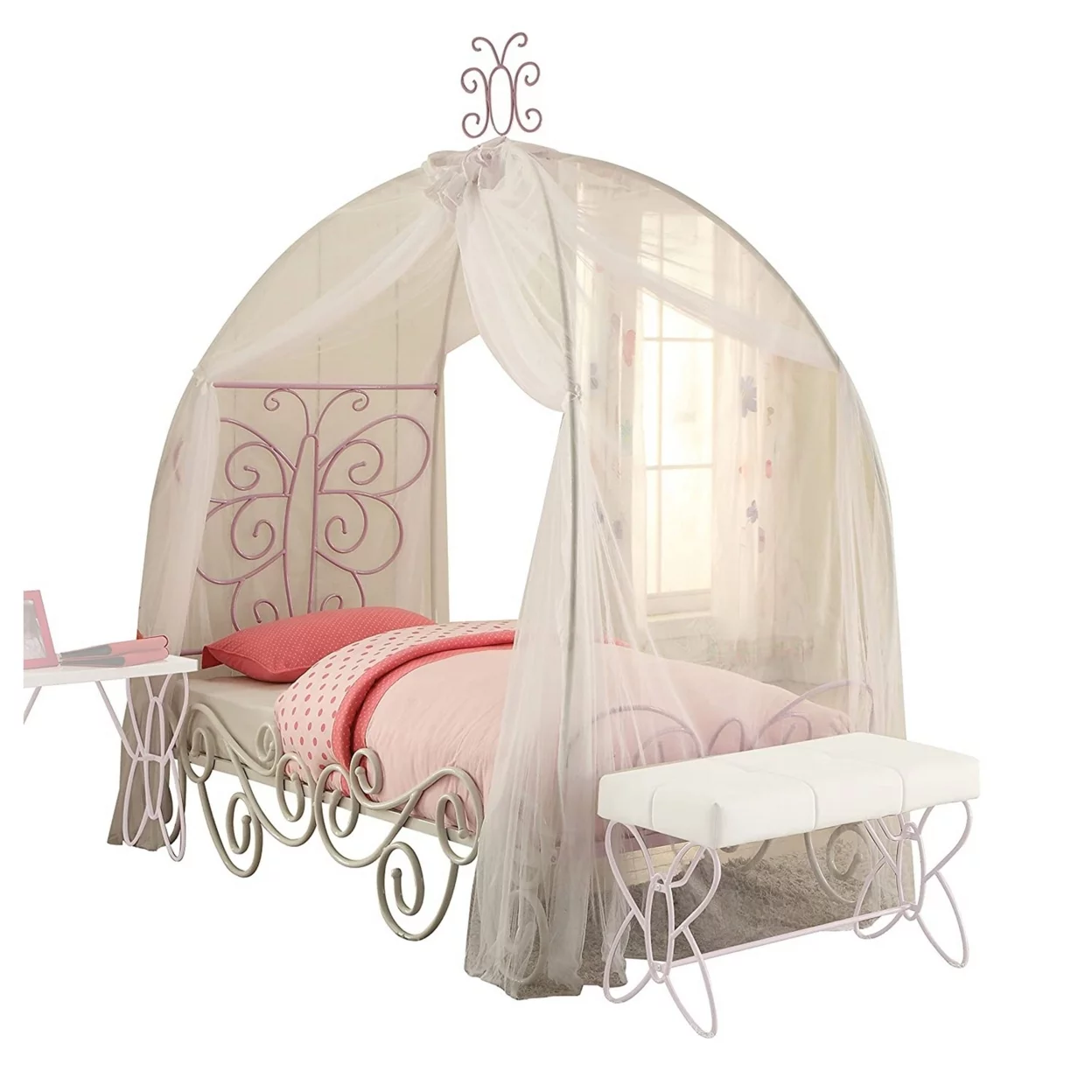Priya II Twin Canopy Bed, White and Light Purple
