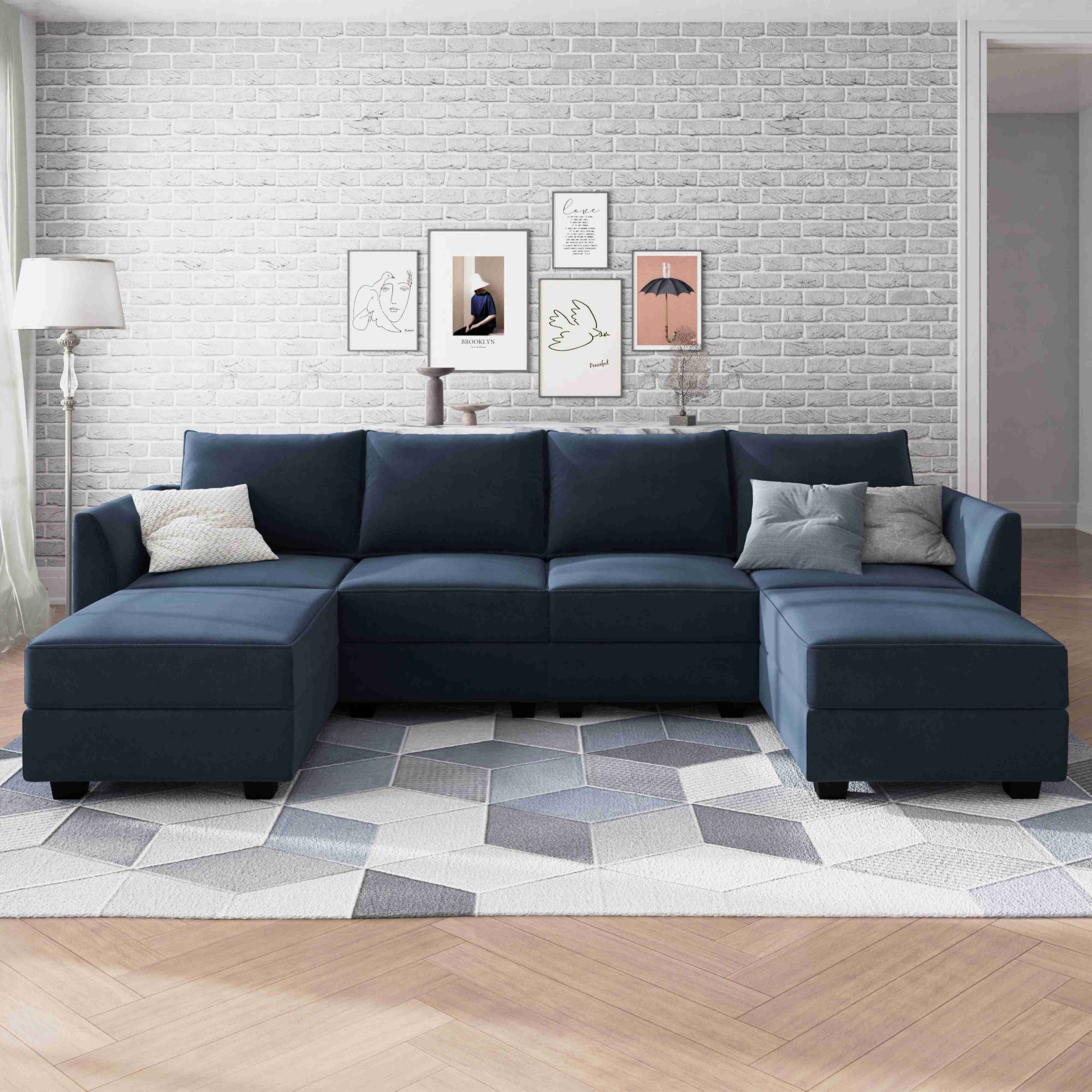 HONBAY Velvet Upholstered Modular Sectional Sleeper Sofa with Storage Ottomans, Free-Combination Sofa for Living Room, Navy Blue