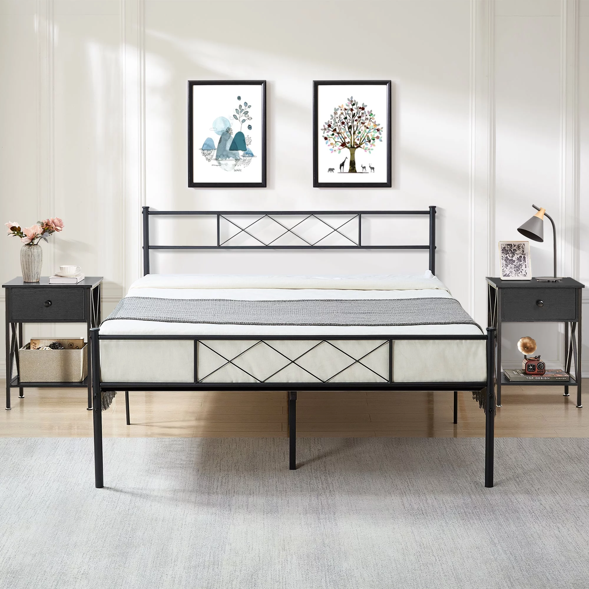 Modern 3-Piece Bedroom Set with Queen Size Bed Frame and 2 Black Nightstands