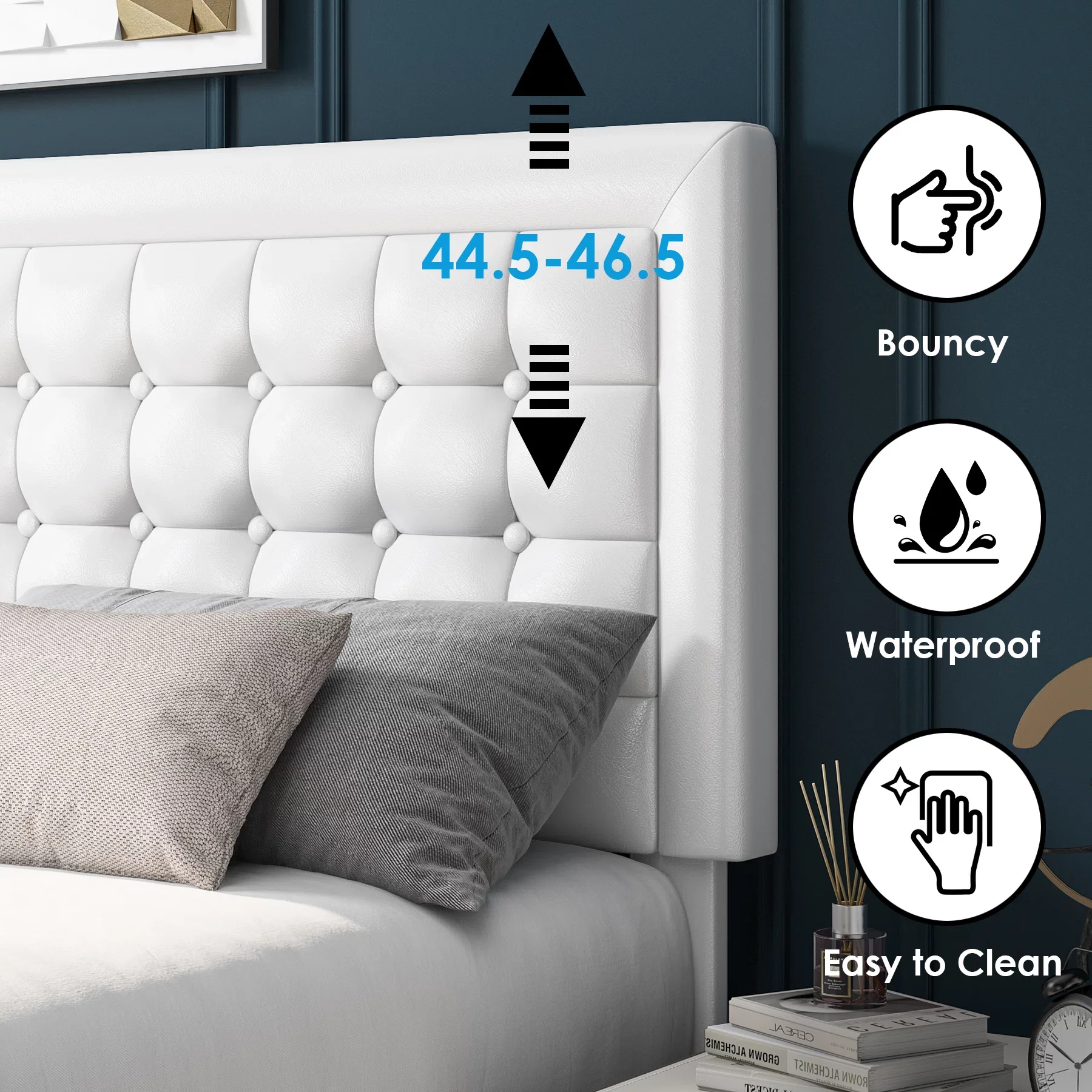 Homfa Queen Size Bed, Button PU Leather Upholstered Platform Bed Frame with Adjustable Headboard, White