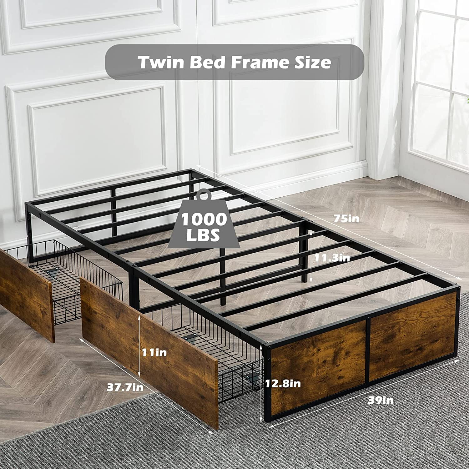 YINCHEN Twin Bed Frame with 2 XL Storage Drawers, Metal Platform Bed Frame with Footboard, 9 Strong Metal Slat Support/No Box Spring Needed/Easy Assembly/Space Saving