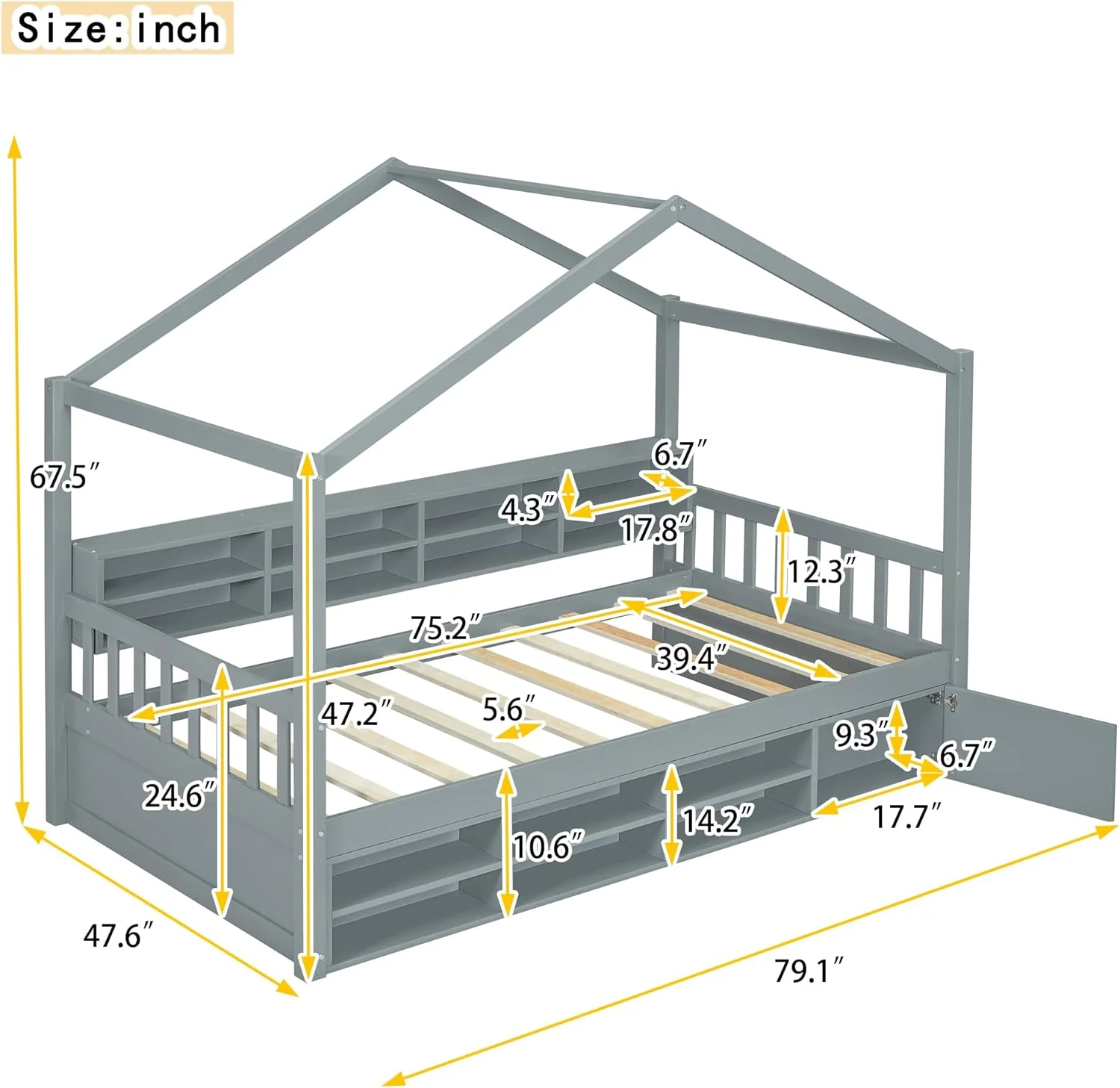 Twin Size House Bed, Montessori Bed with Storage Shelves and a Mini-Cabinet, Wooden Twin Bed Frame for Girls, Boys, Teens (Gray, Twin)