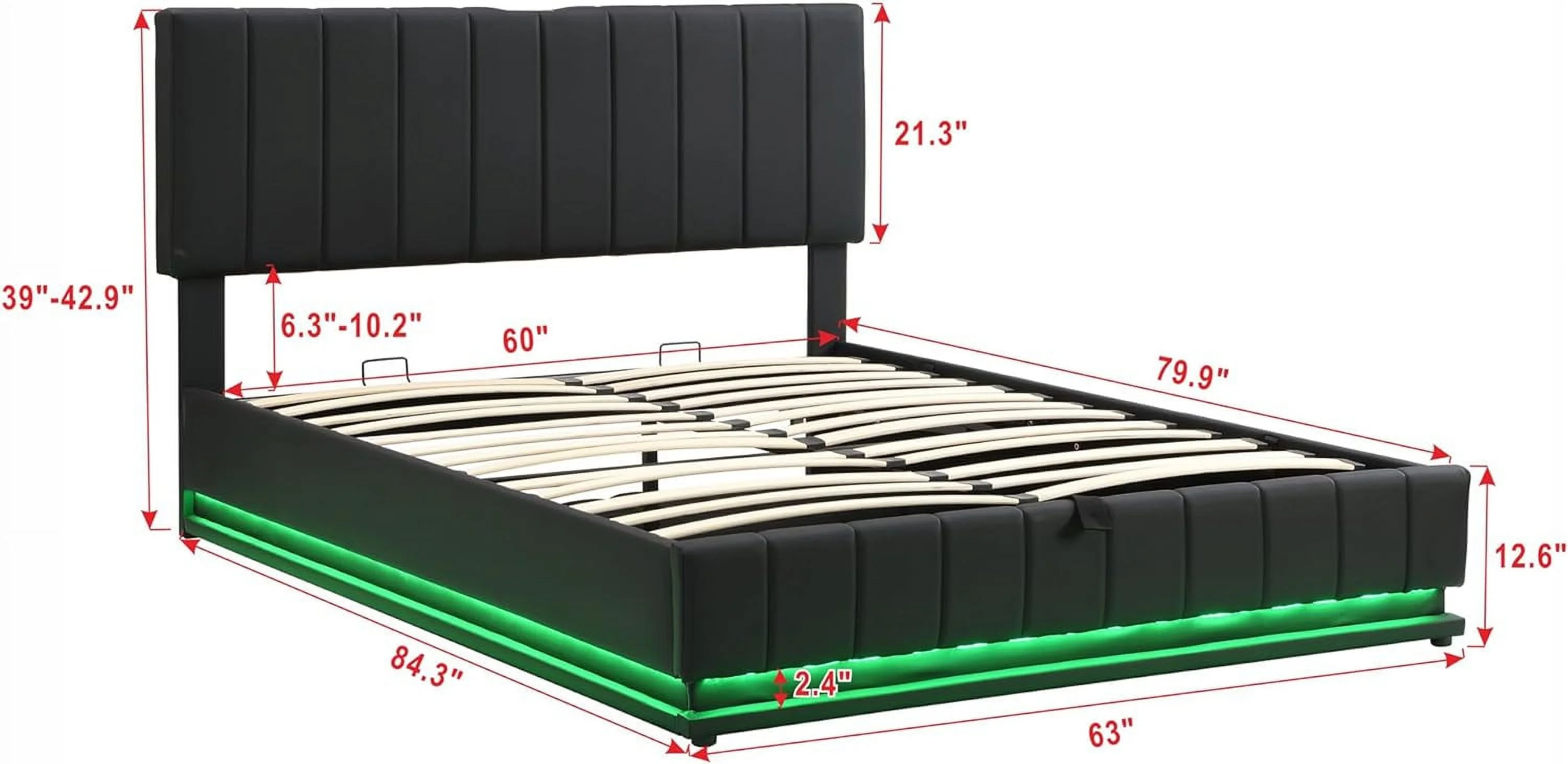 Queen Size Lift Up Storage Bed, Upholstered Queen Platform Bed Frame With LED Lights And USB Ports, PU Tufted Queen Bed With Hydraulic Storage System For Teens Adults, Black