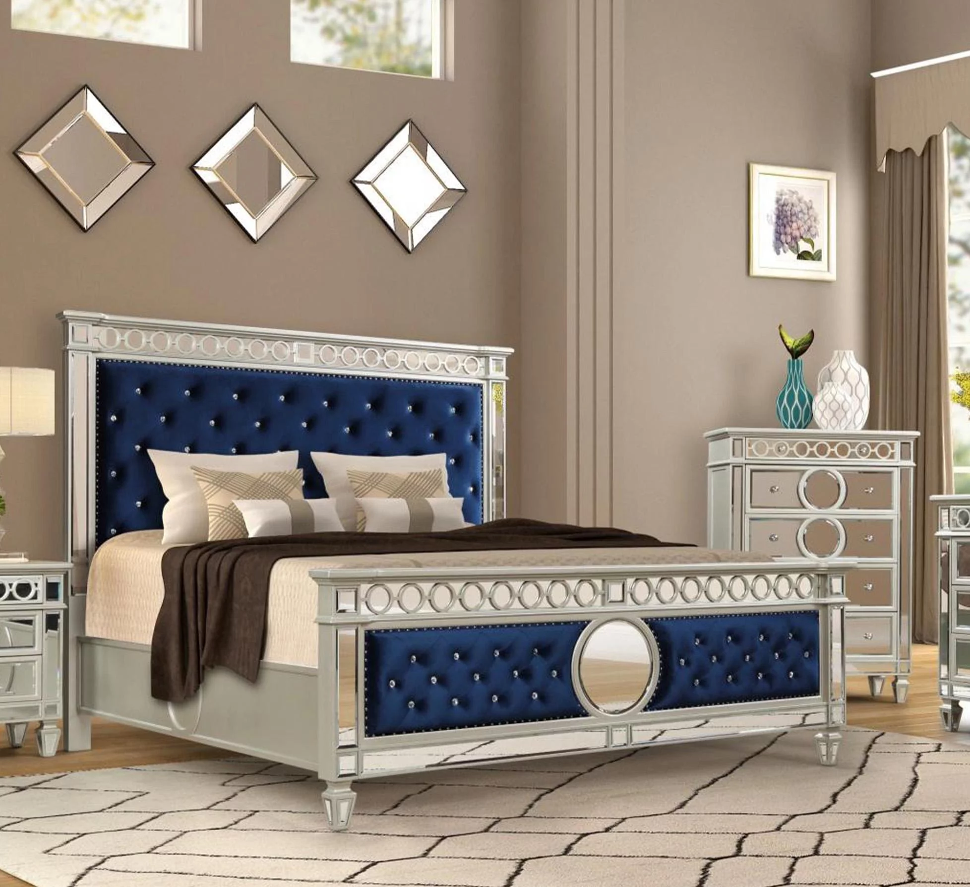Blue Velvet & Mirror Accents King Bedroom Set 5Pcs McFerran B1688 Contemporary