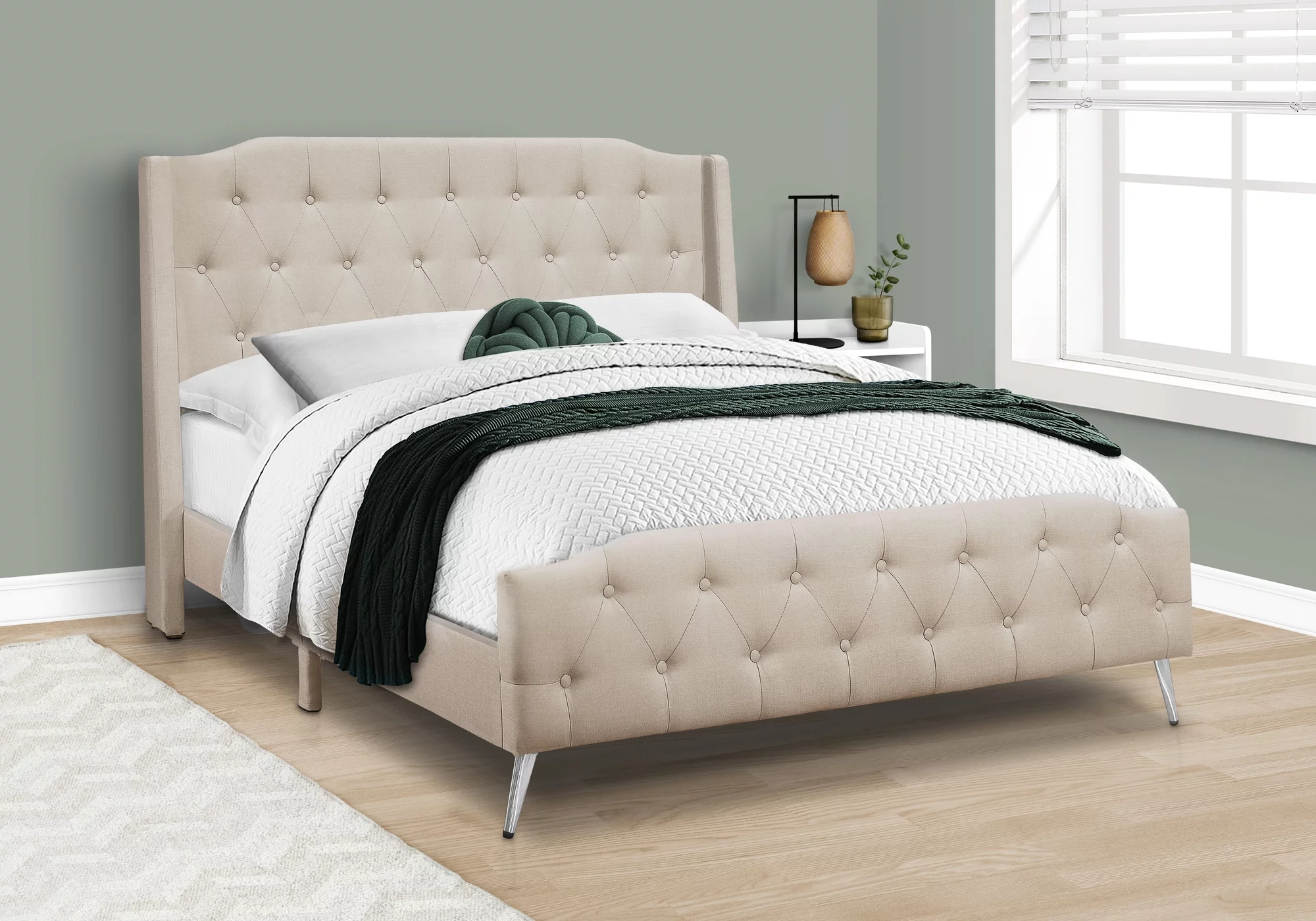 Bed - Queen Size - Bedroom - Upholstered - Beige Linen Look