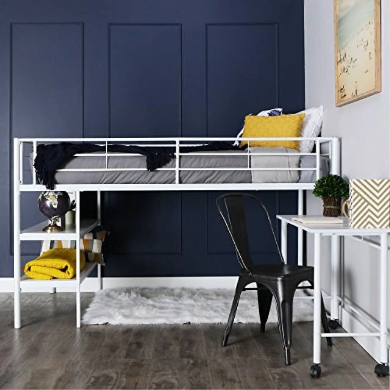 Walker Edison Metal Twin Low Loft Bunk Bed with Desk Bunk bed Kids Bed Bedroom Storage Guard Rail Ladder, Twin, White