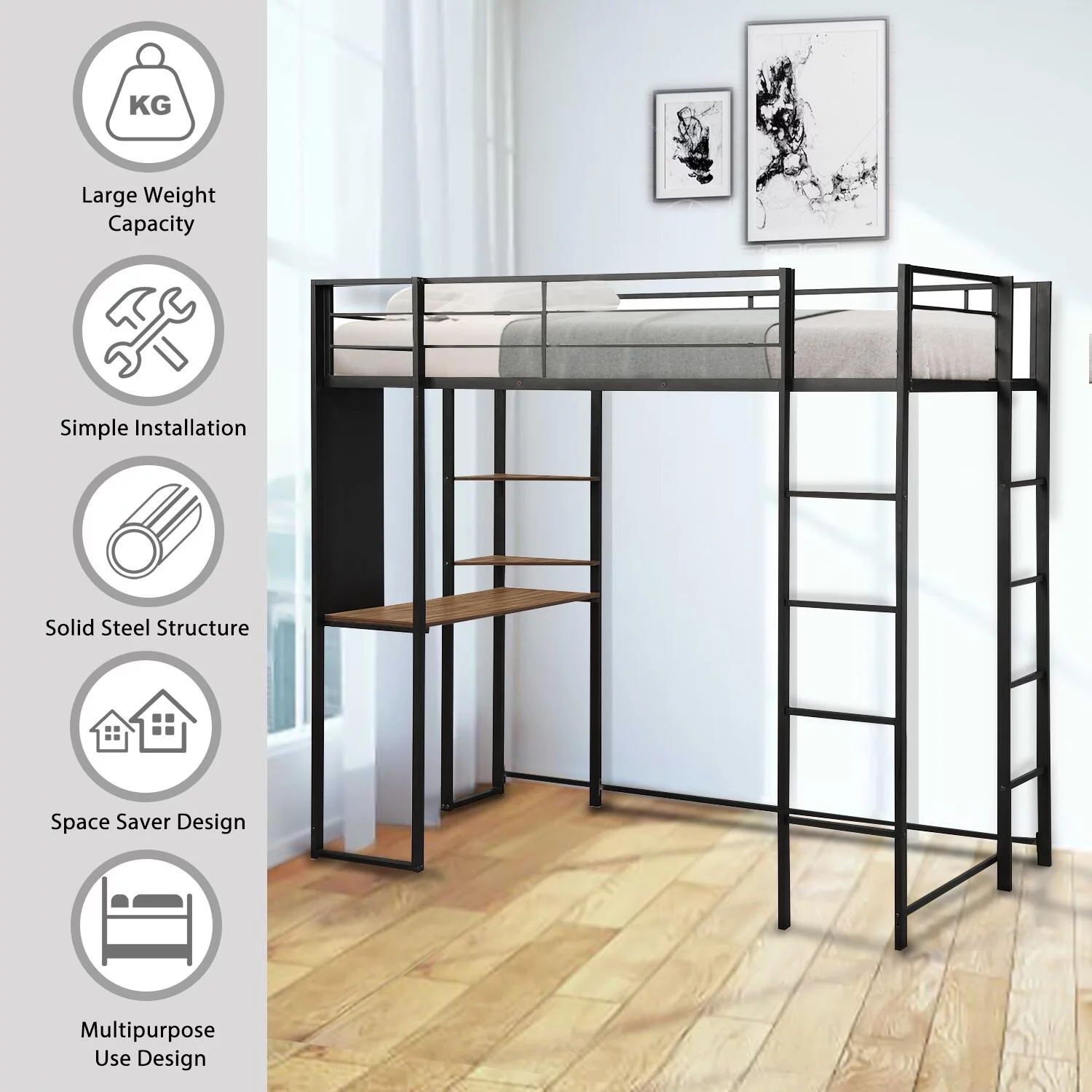 Modern Metal Pipe Twin Size Loft Bed with 2 Shelves and one Desk Kids Bunk Bed Bedroom Storage Guard Rail Ladder